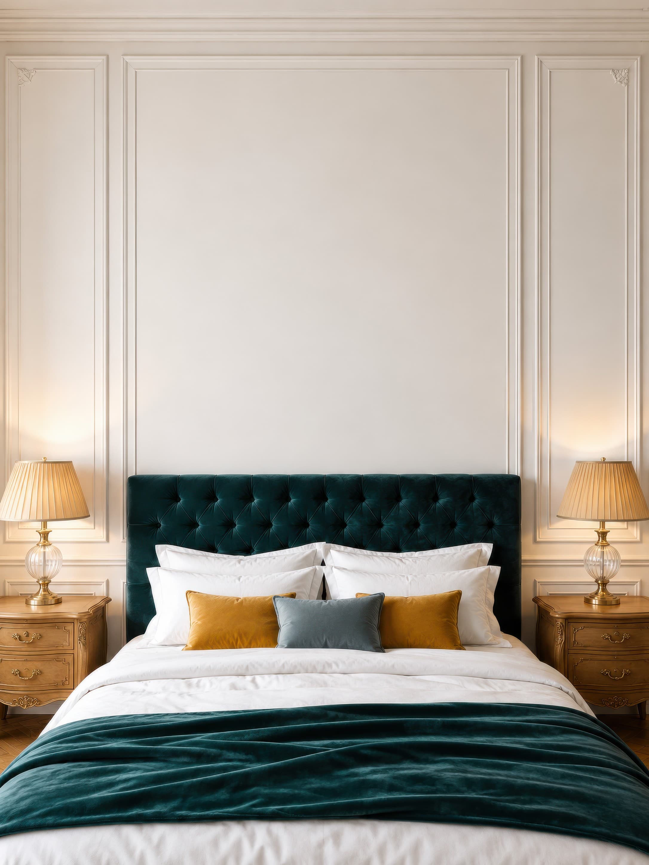 Elegant luxury bedroom with an empty pale ivory moulded wall above a deep teal tufted headboard, ranked 4 among bedroom mockups