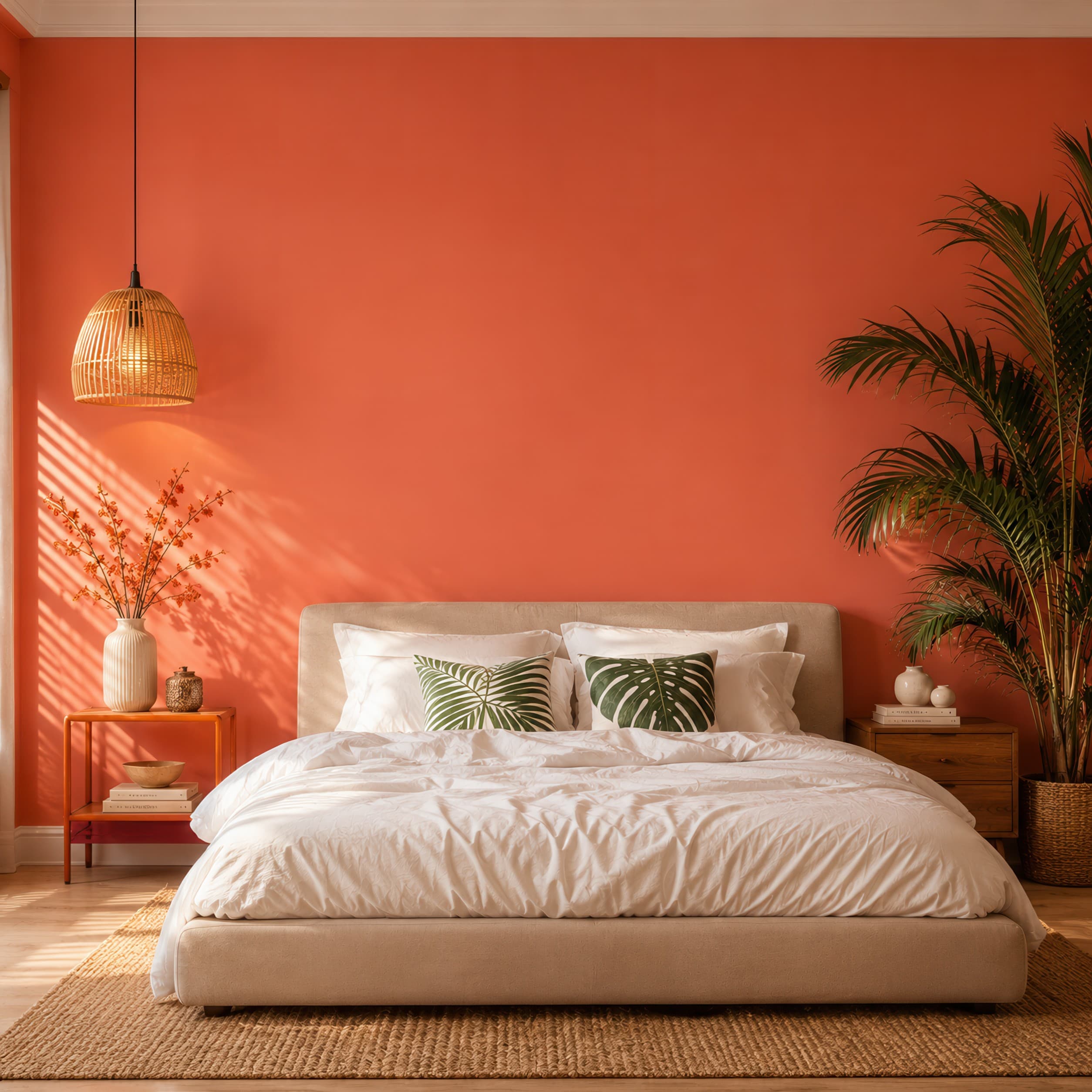 Warm tropical bedroom with a clean empty coral wall above a low upholstered bed, ranked 12 among bedroom mockups