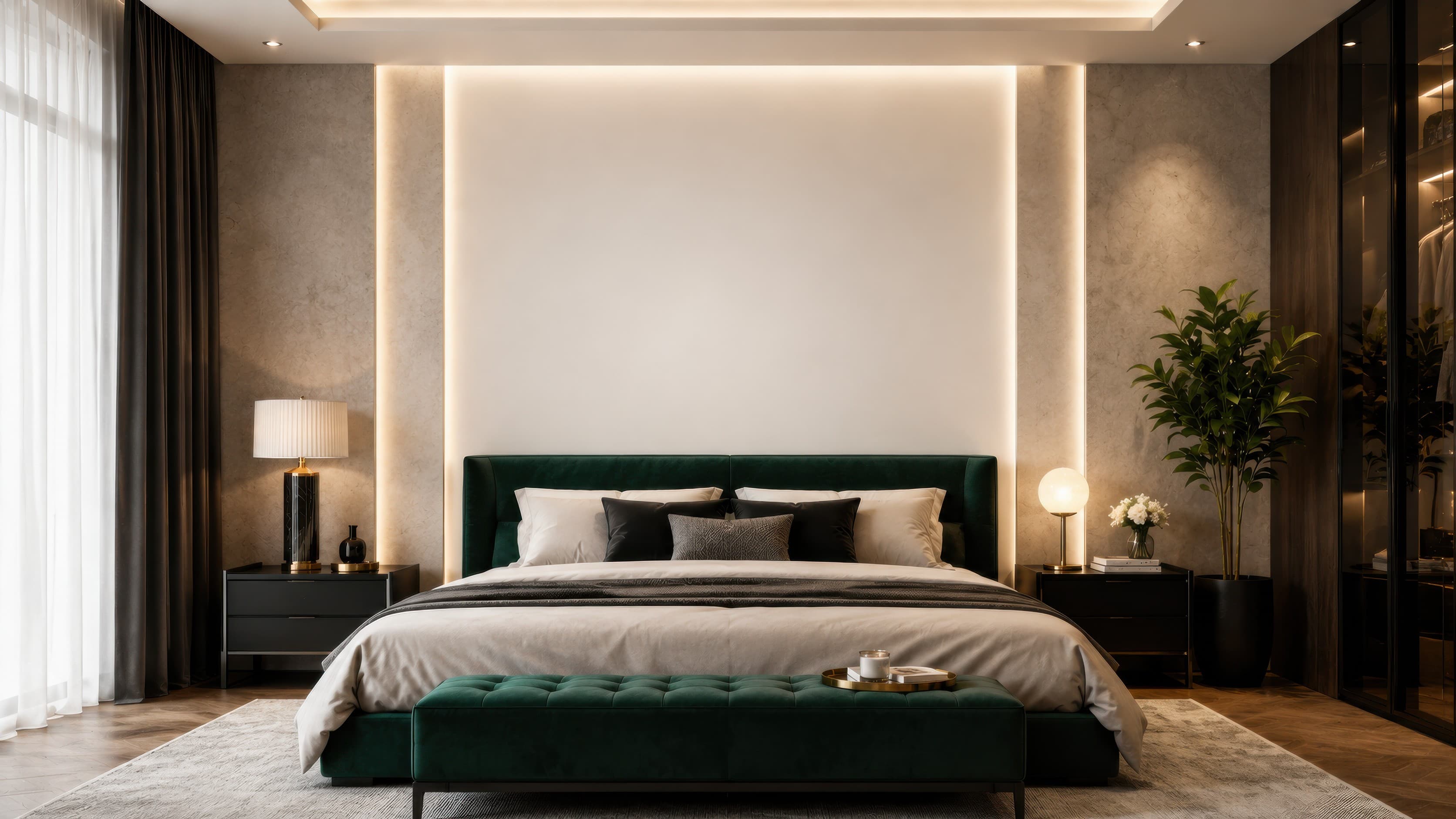 Contemporary luxury bedroom with an empty softly lit wall panel above an emerald headboard for smaller artwork, ranked 8 among bedroom mockups