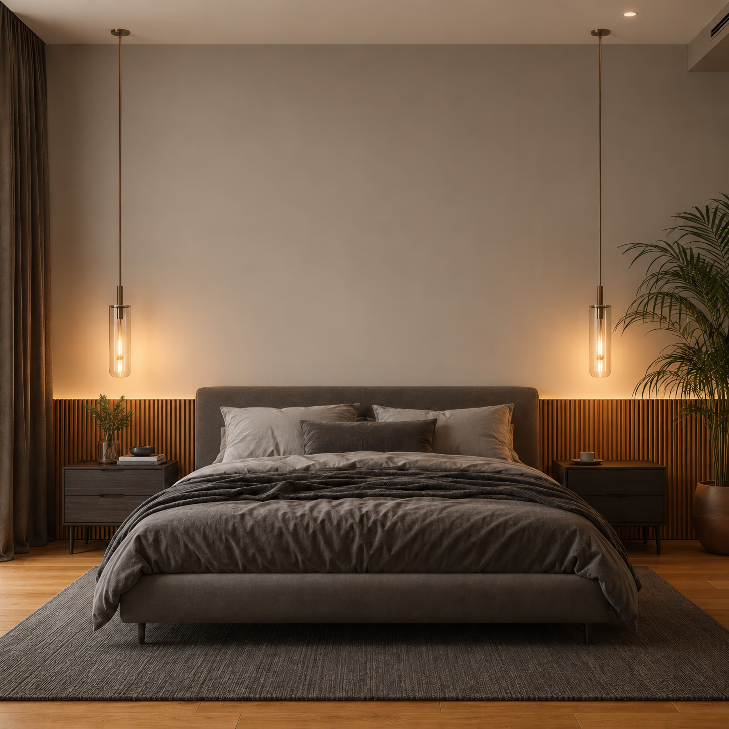 Modern luxury bedroom with a clean empty greige wall above a warm upholstered bed, ranked 6 among bedroom mockups