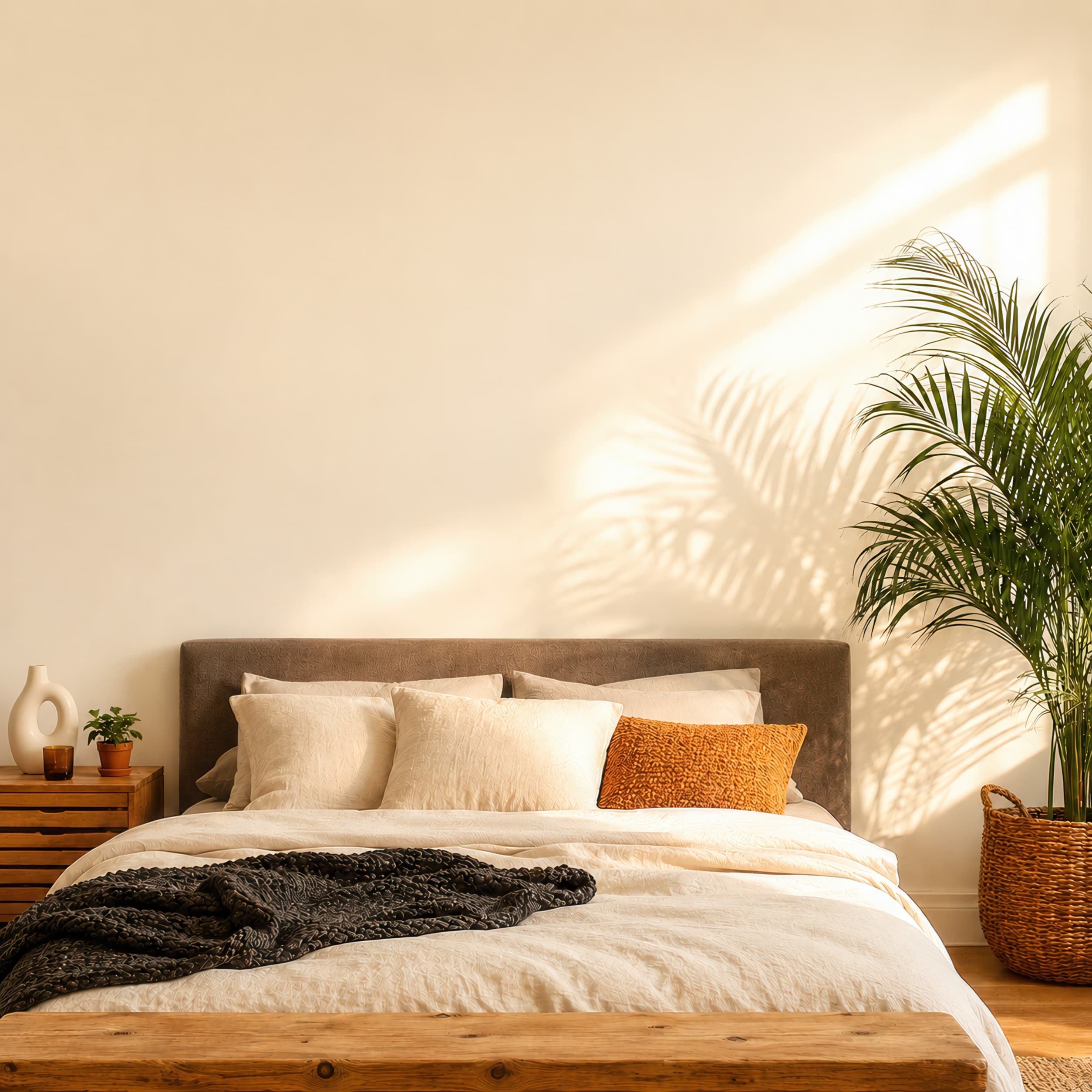 Warm sunlit bedroom with an empty ivory wall above a cozy linen bed and palm plant shadows, ranked 7 among bedroom mockups