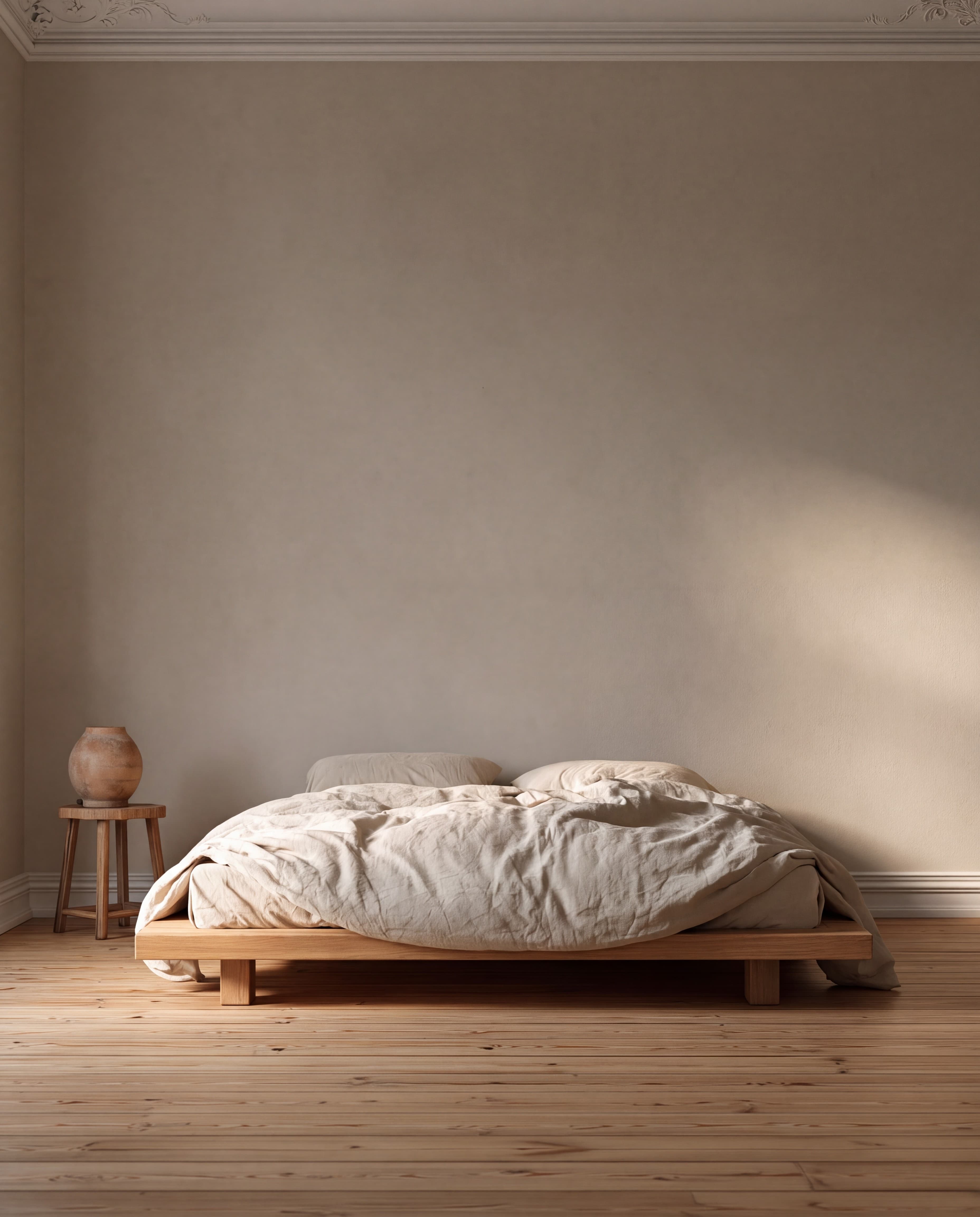 Berlin Altbau bedroom with a warm greige plaster wall, low oak bed with natural linen, and wide oak floorboards, ranked 20 among european room mockups