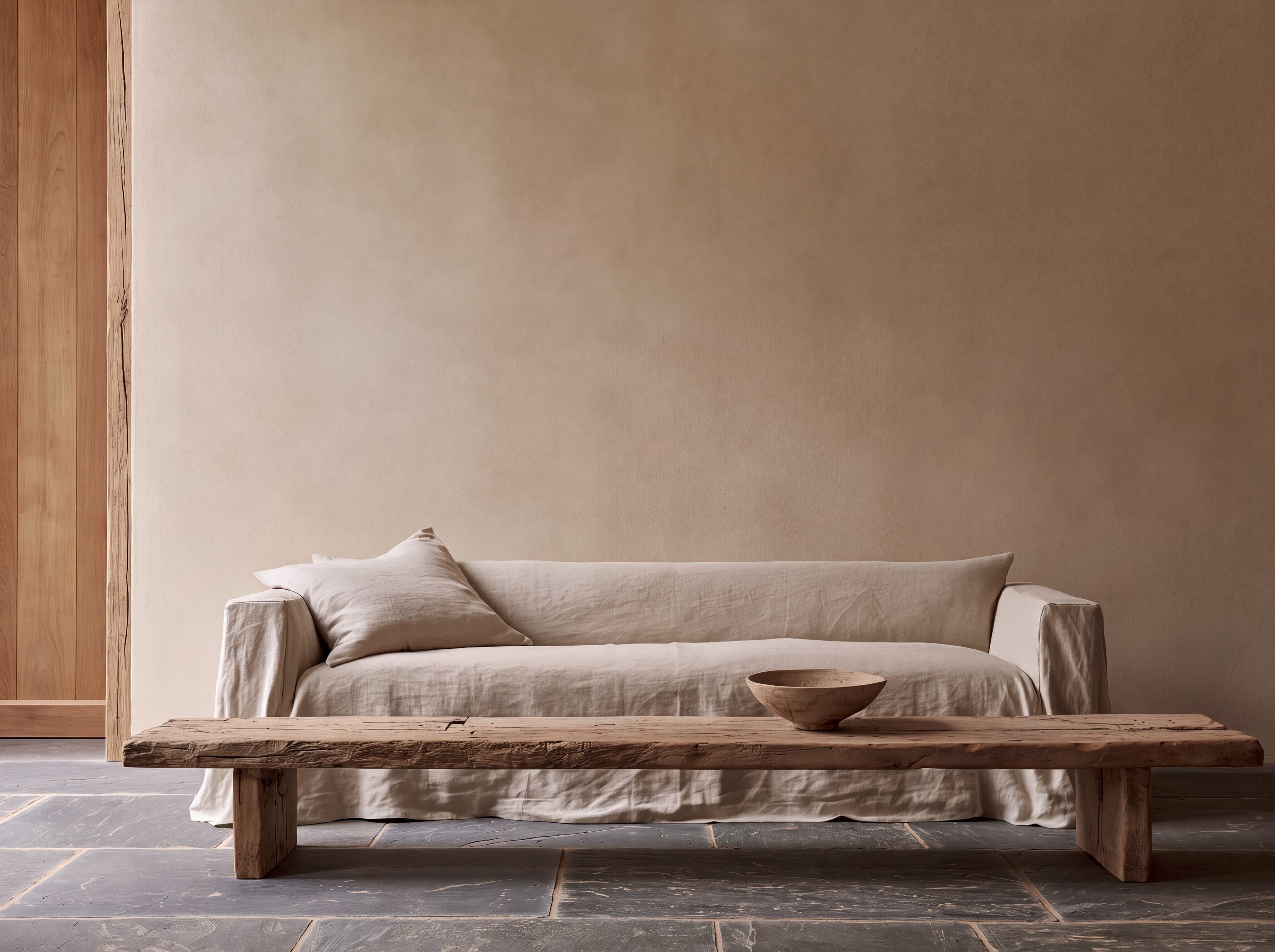 Belgian country house living room with a warm beige limewash wall, slipcovered linen sofa, and rough oak bench on bluestone, ranked 12 among european room mockups
