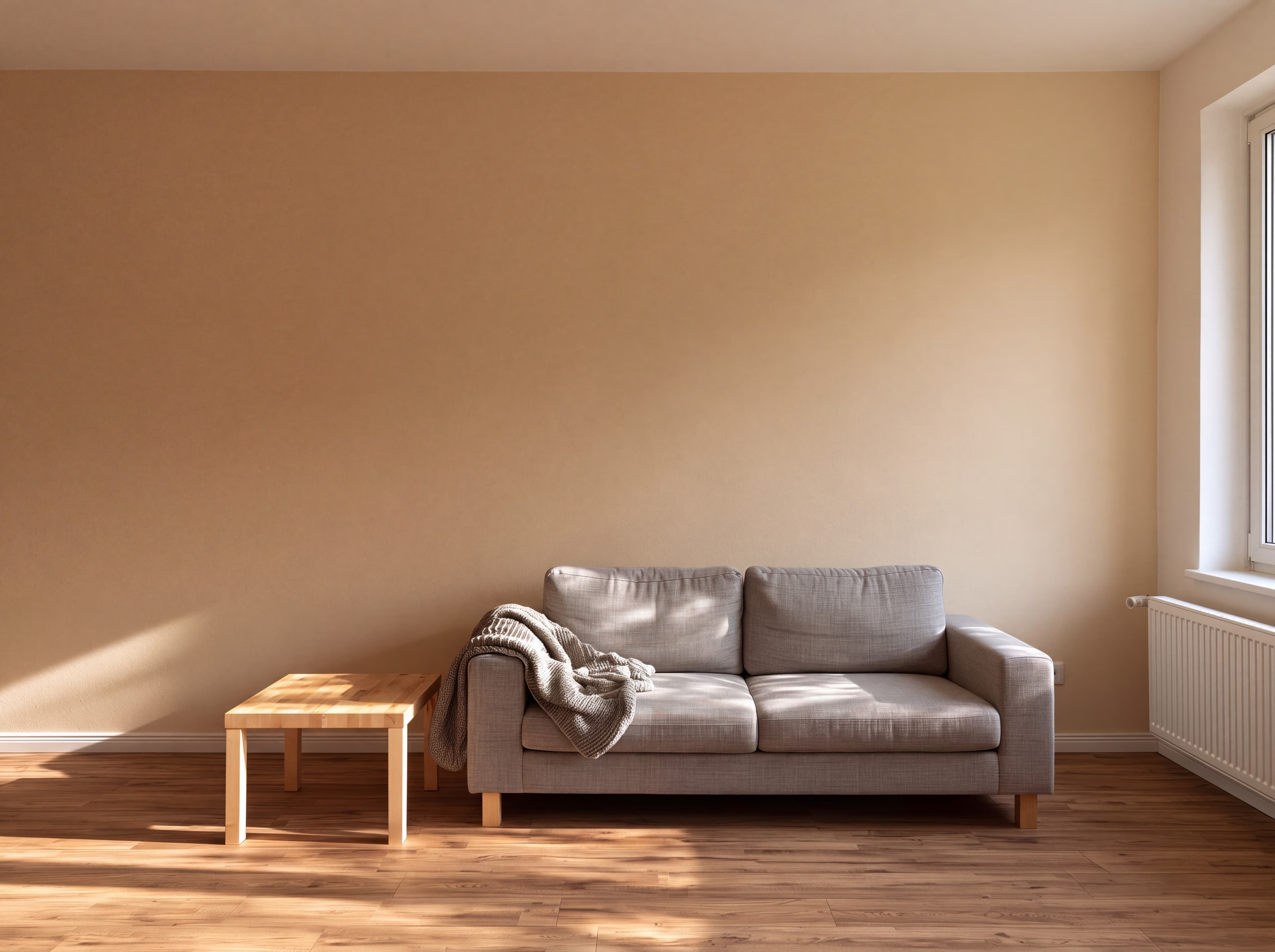 Renovated East Berlin Plattenbau living room with a warm beige wall, compact gray sofa, birch coffee table, and radiator, ranked 4 among european room mockups