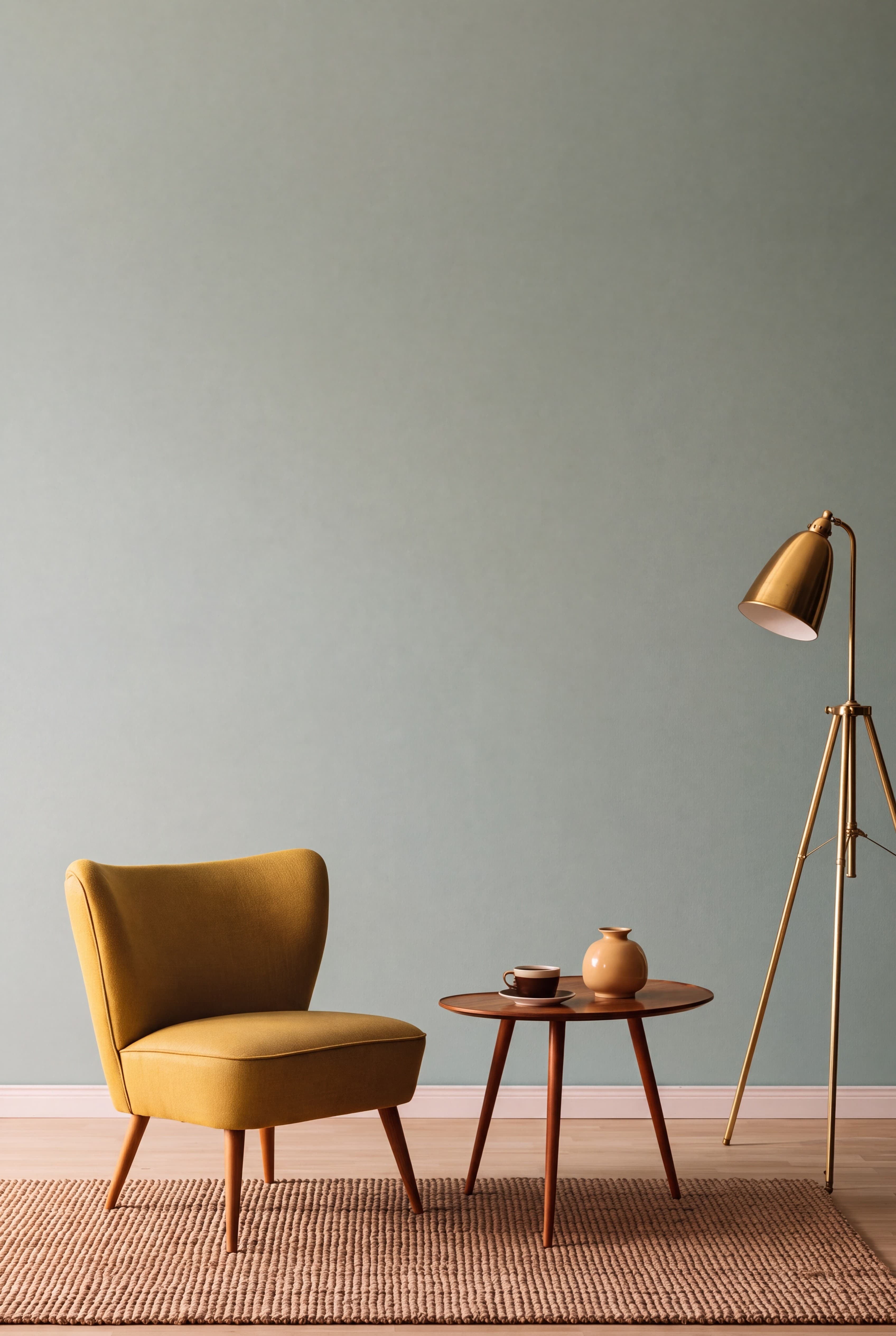 1950s Cologne apartment with a soft mint wall, mustard cocktail armchair, kidney-shaped side table, and brass tripod lamp, ranked 6 among european room mockups