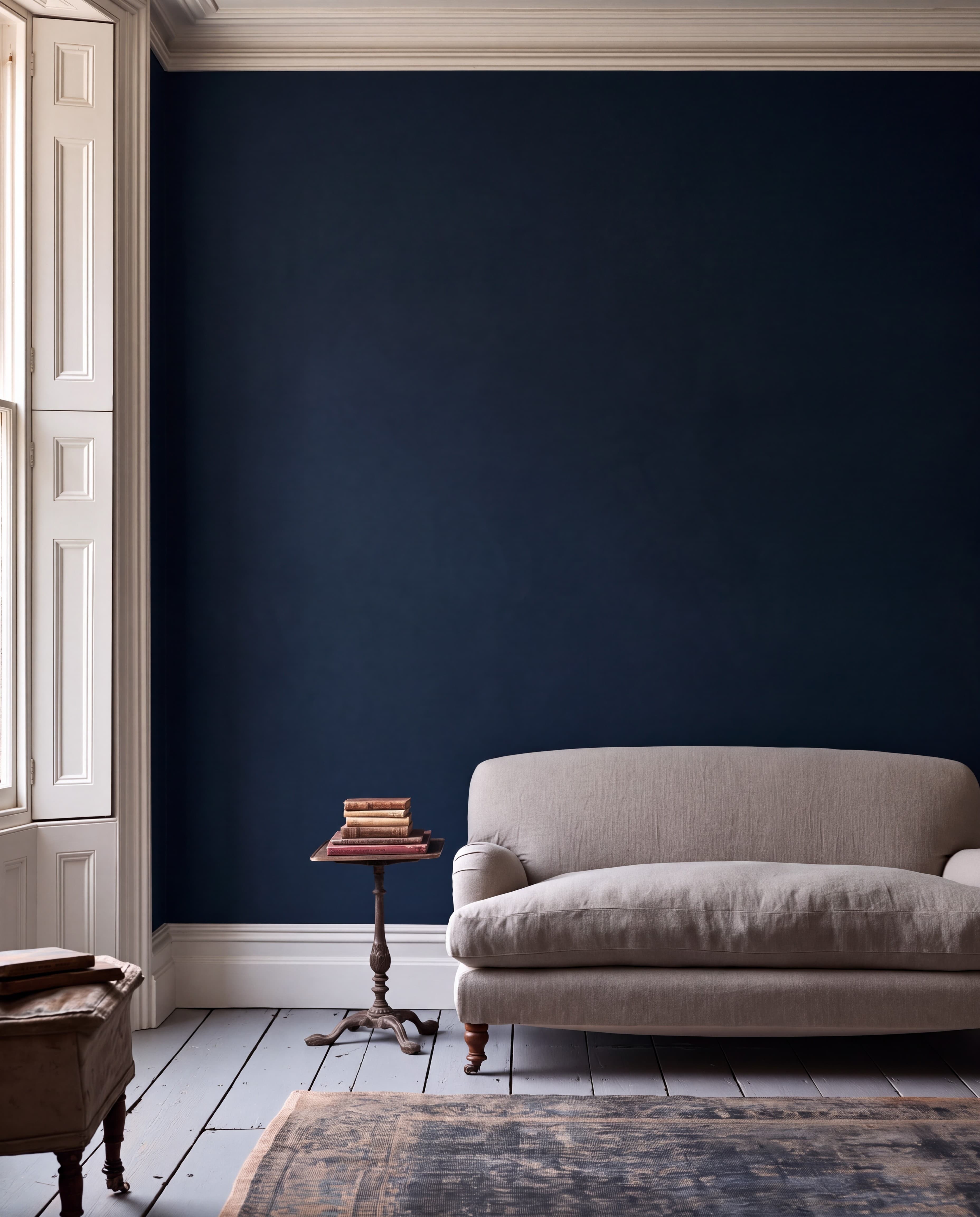 London Georgian townhouse sitting room with a deep navy wall, shuttered sash window, camelback sofa, and painted floorboards, ranked 18 among european room mockups