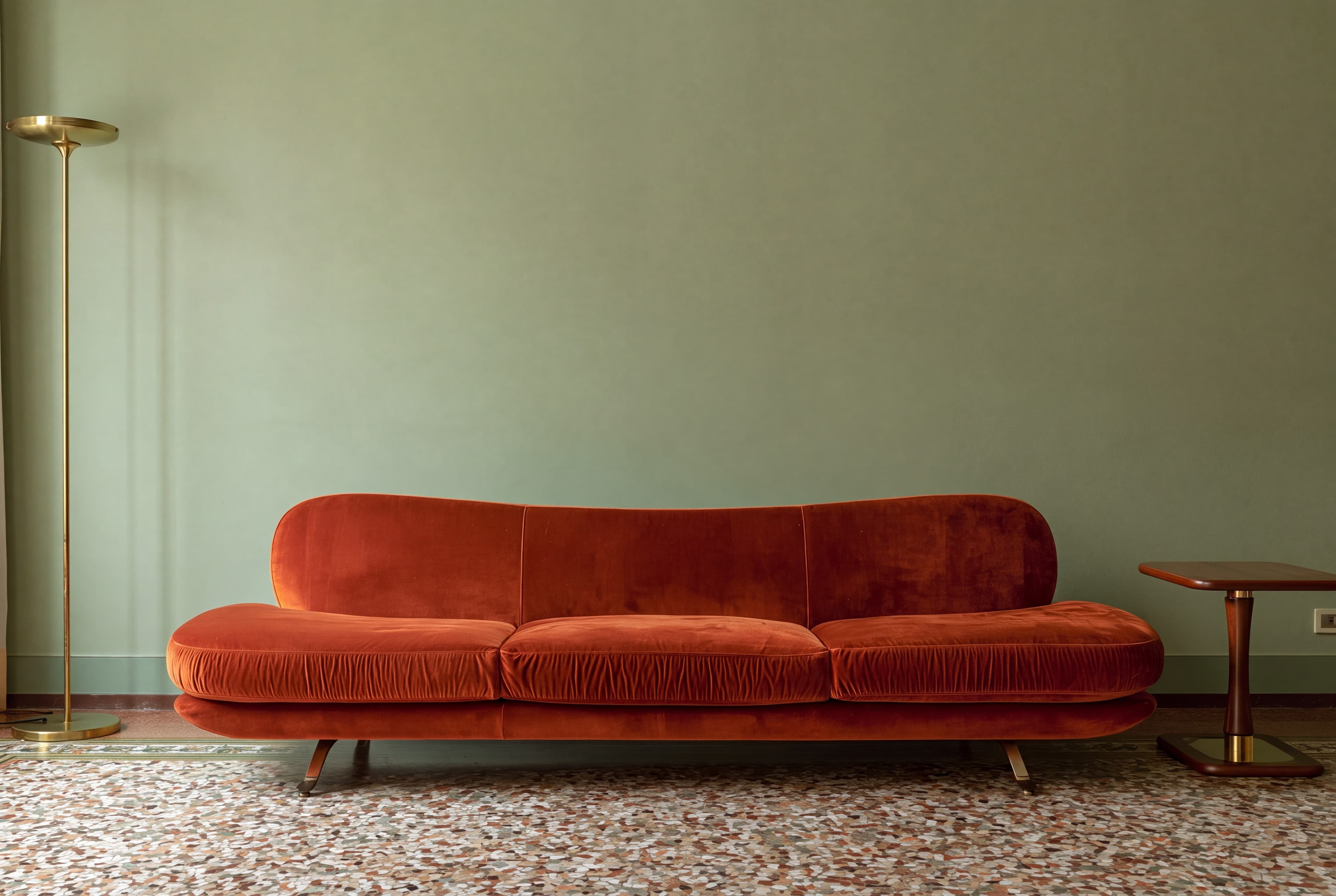 Milan apartment living room with a pistachio green wall, curved rust velvet sofa, brass floor lamp, and terrazzo floor, ranked 3 among european room mockups