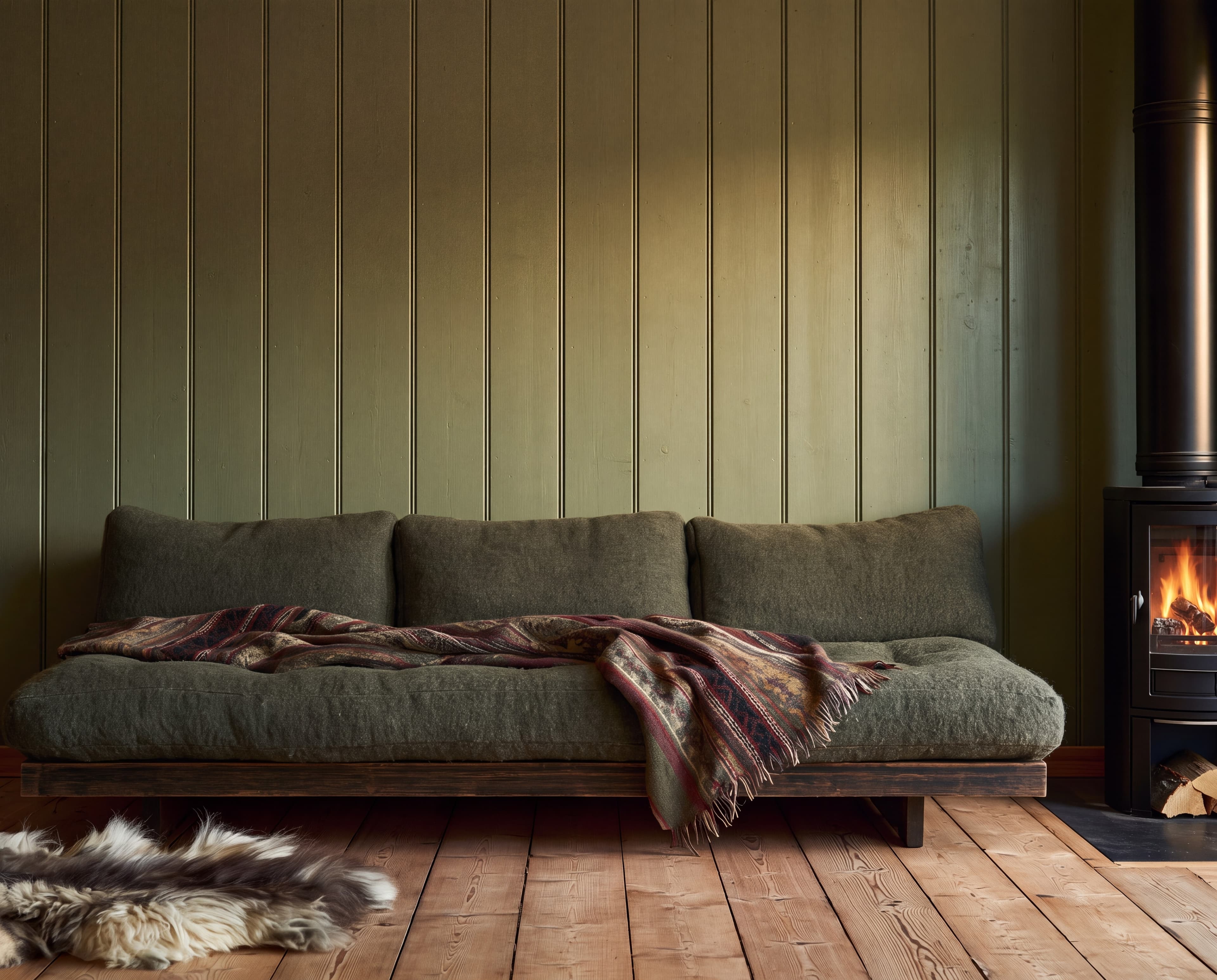 Norwegian mountain hytte with an olive painted plank wall, wool sofa with a patterned blanket, and lit wood stove, ranked 10 among european room mockups