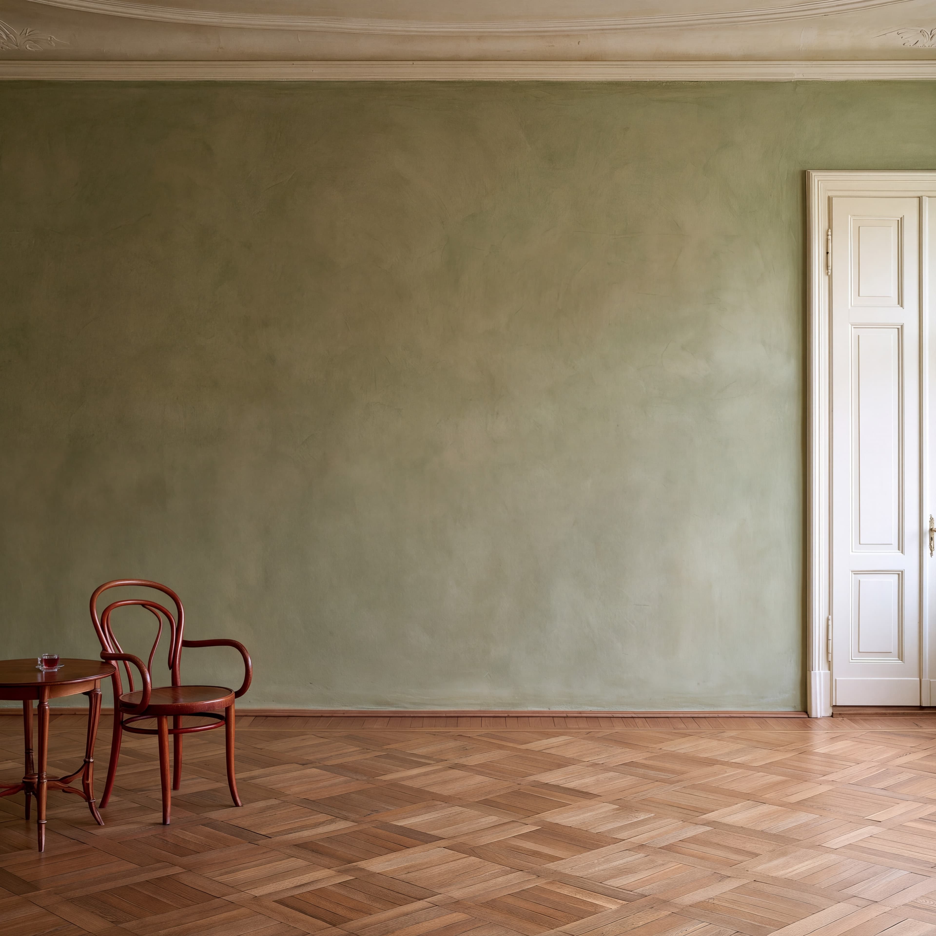 Prague apartment living room with a soft sage plaster wall, curved stucco cornice, bentwood armchair, and square parquet, ranked 19 among european room mockups