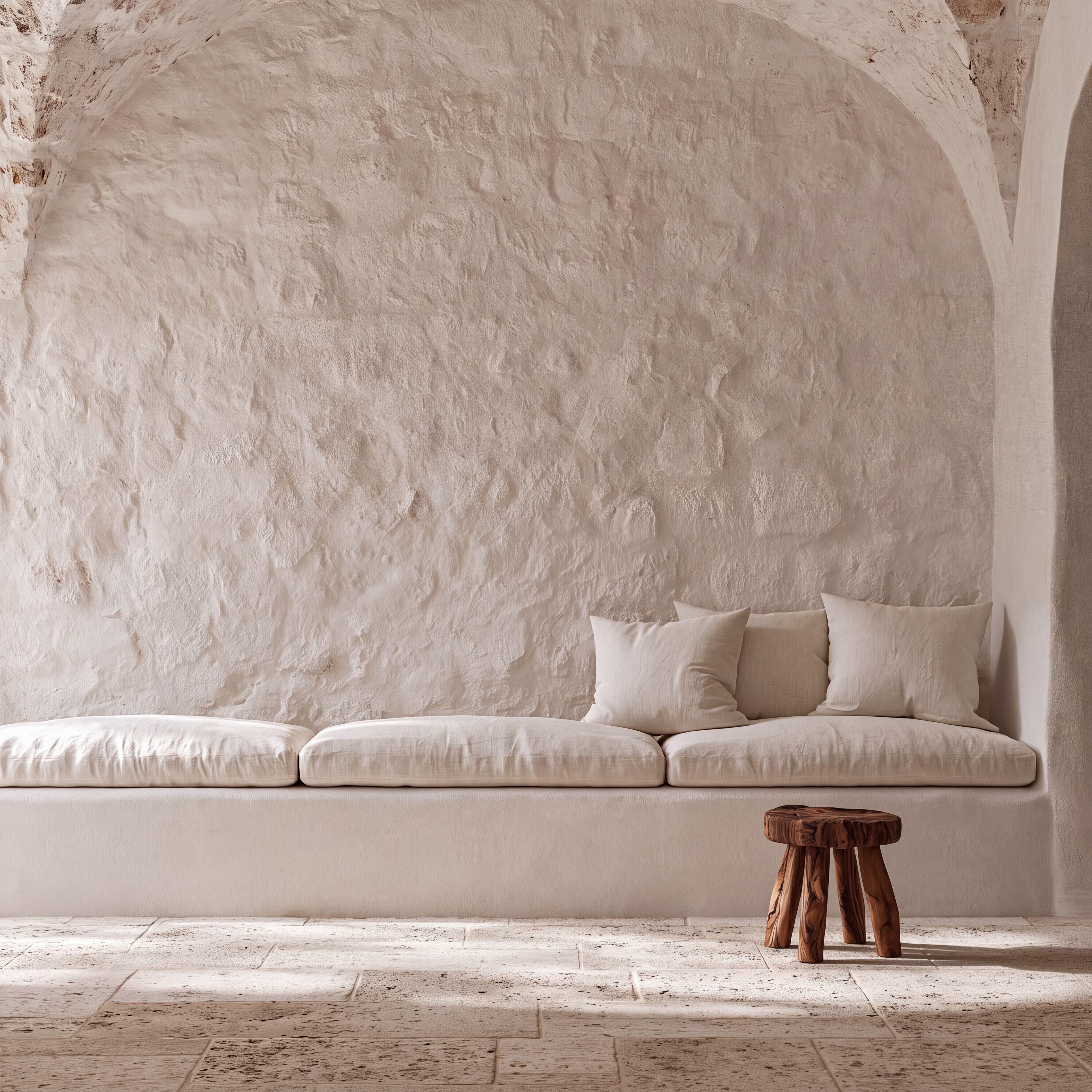 Puglia masseria living room with a whitewashed stone vault, built-in bench with linen cushions, and olive-wood stool, ranked 14 among european room mockups