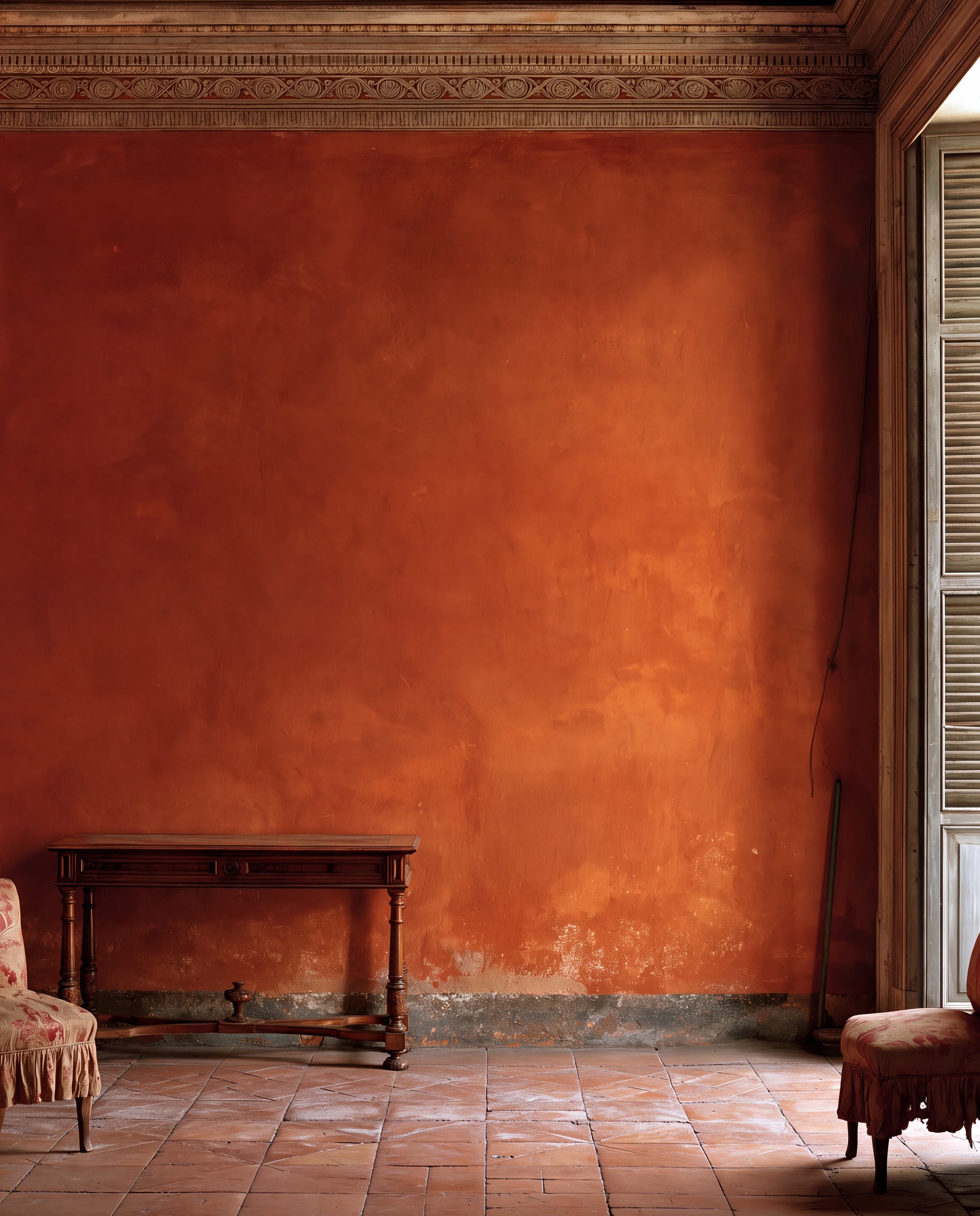 Roman palazzo salon with a burnt orange plaster wall, carved frieze, walnut console, and worn cotto floor, ranked 13 among european room mockups