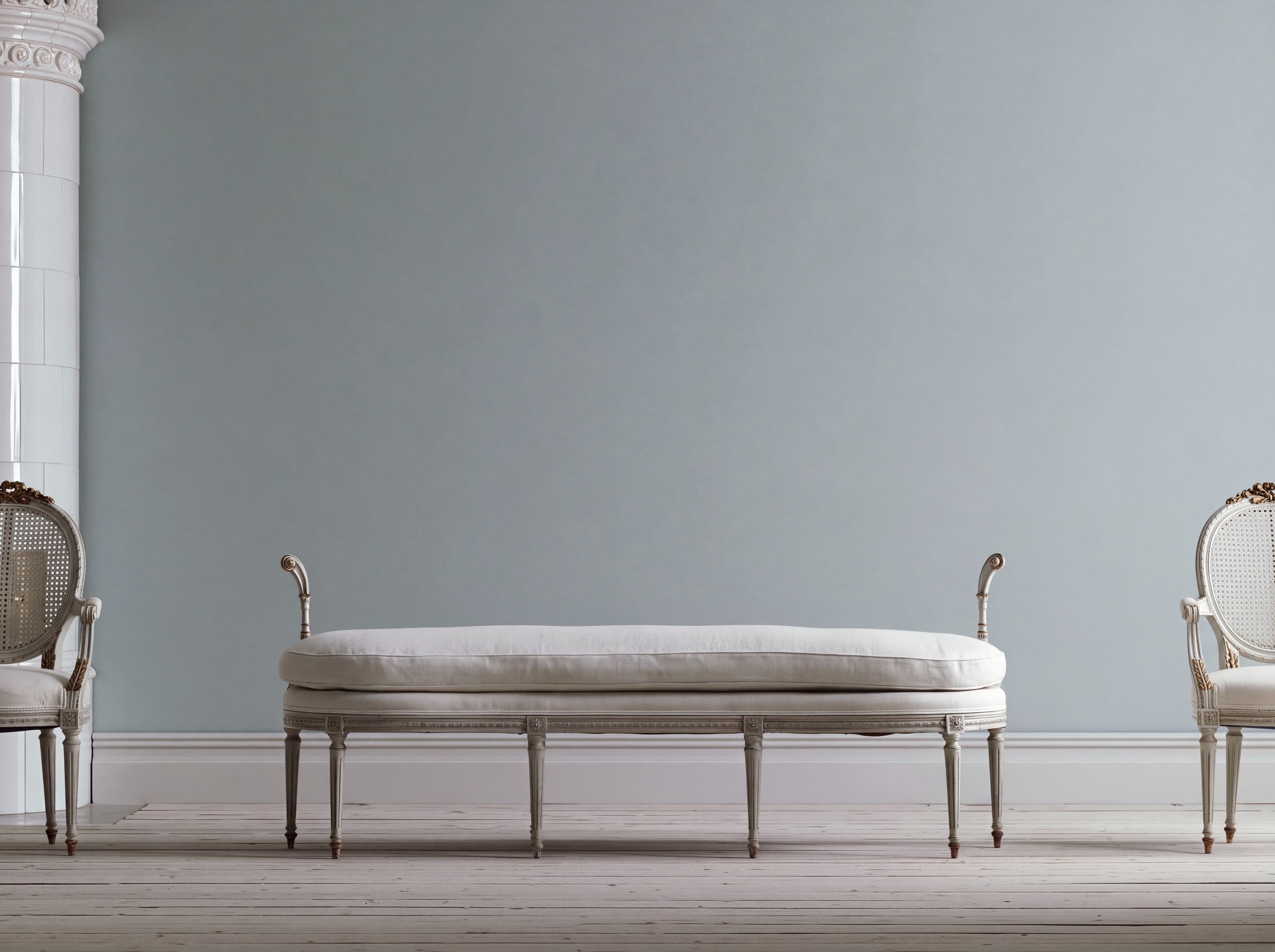 Swedish Gustavian sitting room with a pale gray-blue wall, painted Gustavian bench, medallion chairs, and white tiled stove, ranked 9 among european room mockups