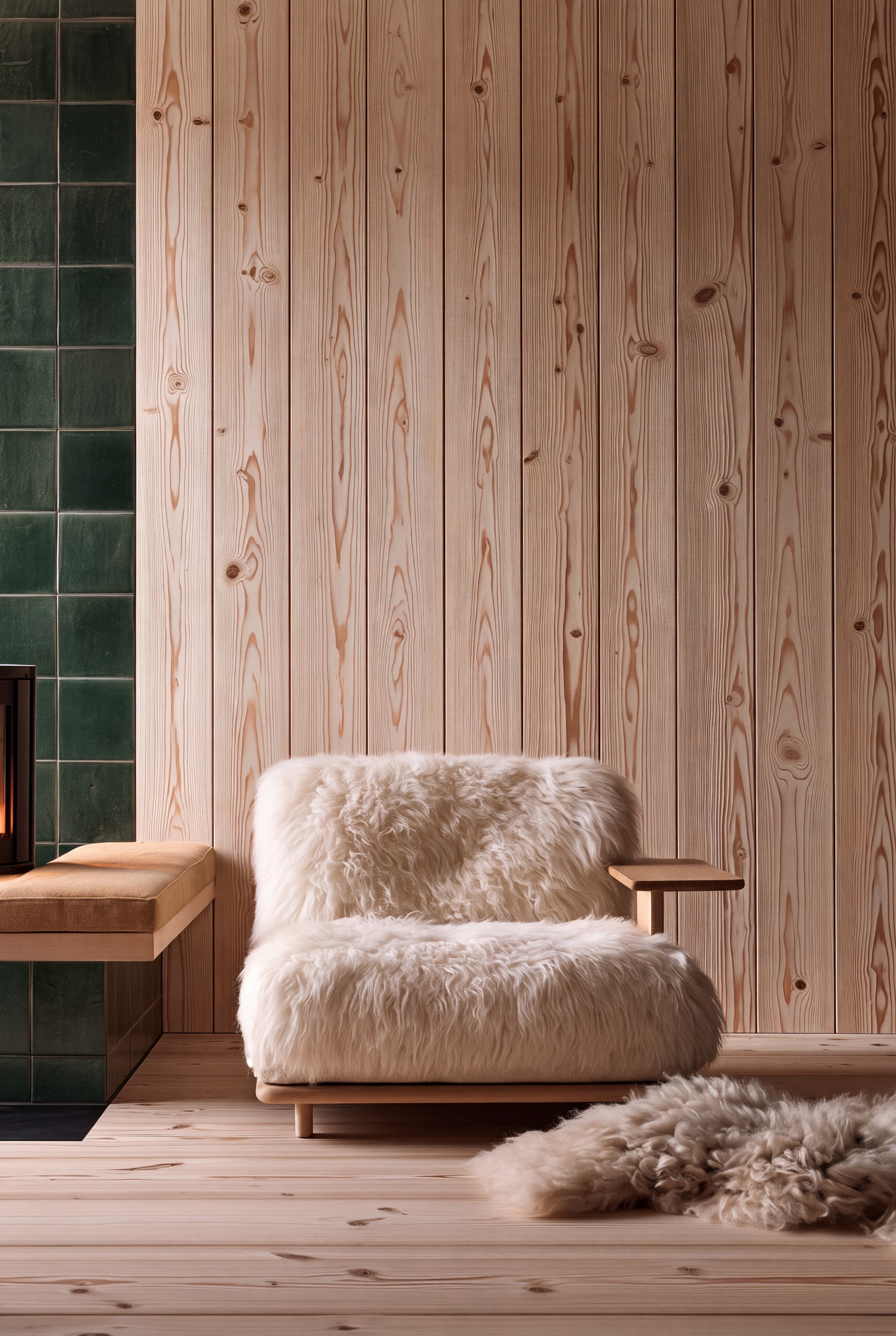 Swiss alpine chalet living room with a pale larch plank wall, green tiled stove, and sheepskin armchair, ranked 8 among european room mockups