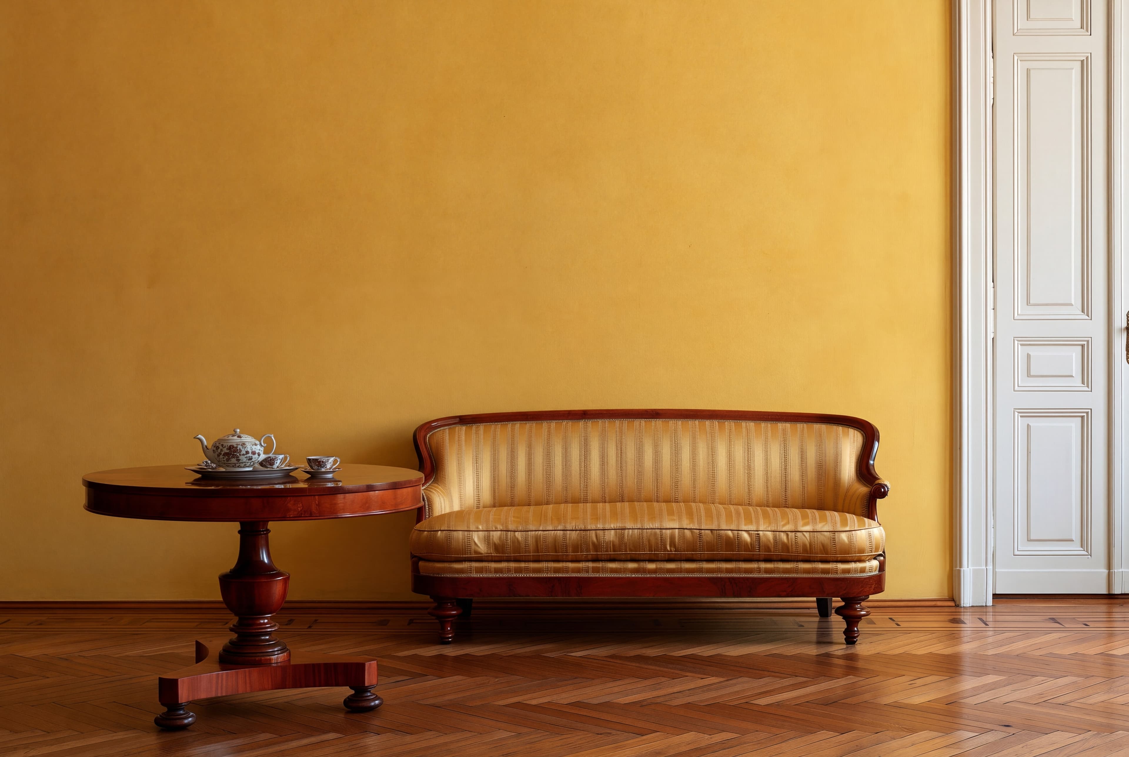 Viennese salon with a warm ochre yellow wall, striped silk Biedermeier sofa, round cherry table with porcelain, and herringbone parquet, ranked 7 among european room mockups