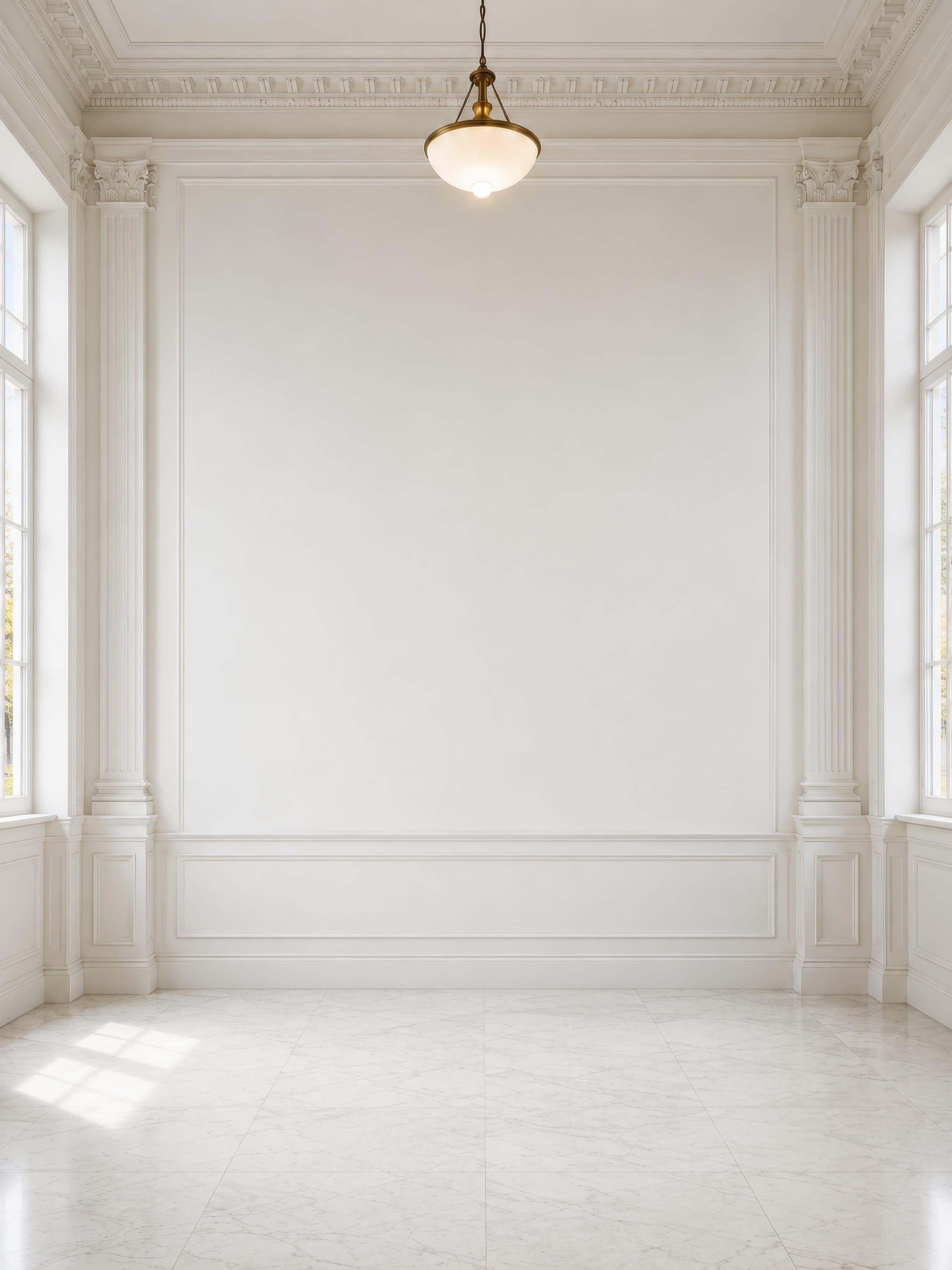 Close bright neoclassical gallery interior with a large clean white wall framed by ornate columns and side windows, selected for exhibition mockups