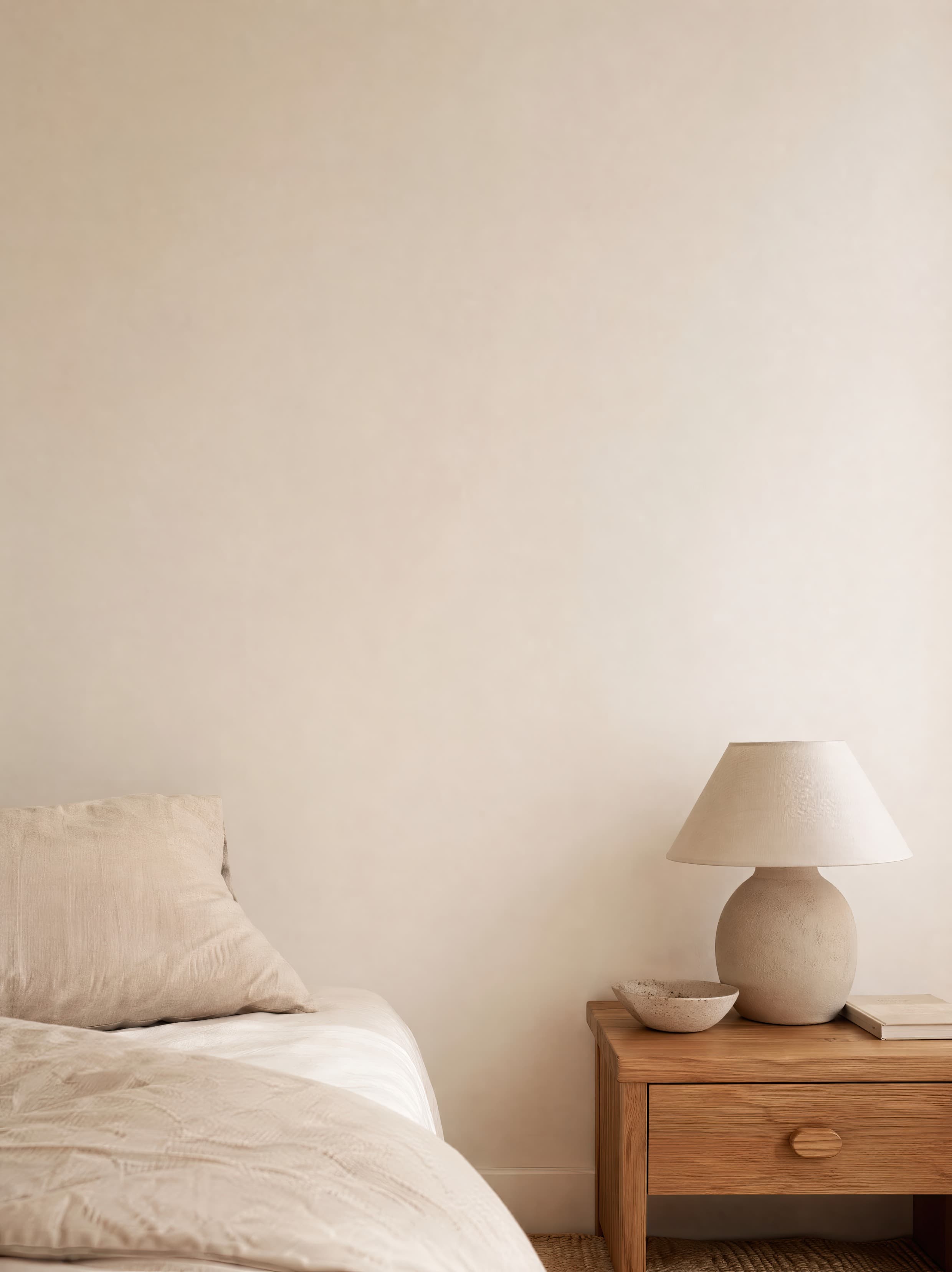 Soft linen bedroom corner with an empty ivory wall above a bed and warm wood nightstand, selected for bedroom mockups