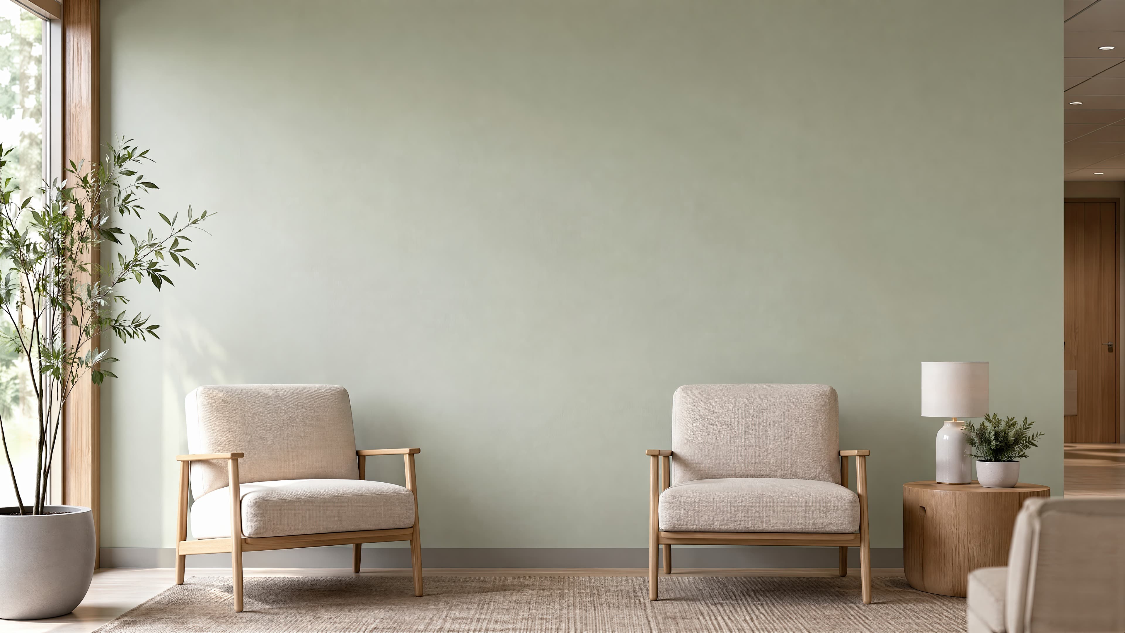Soft green clinic waiting room with an empty sage wall above paired lounge chairs and a side table, ranked 16 among office mockups