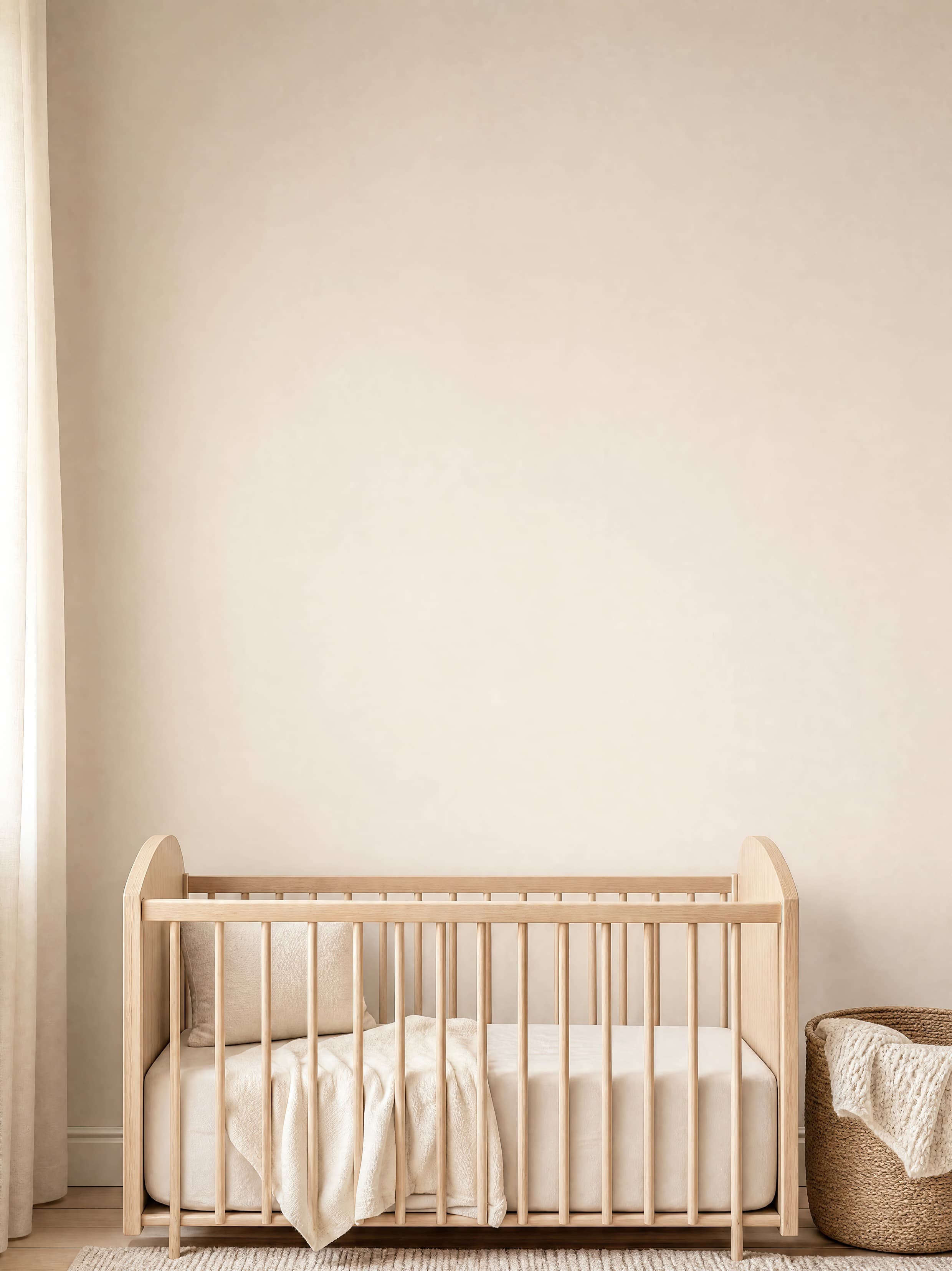 Calm neutral nursery with an empty ivory wall above a pale wood crib and woven basket, ranked 5 among nursery mockups