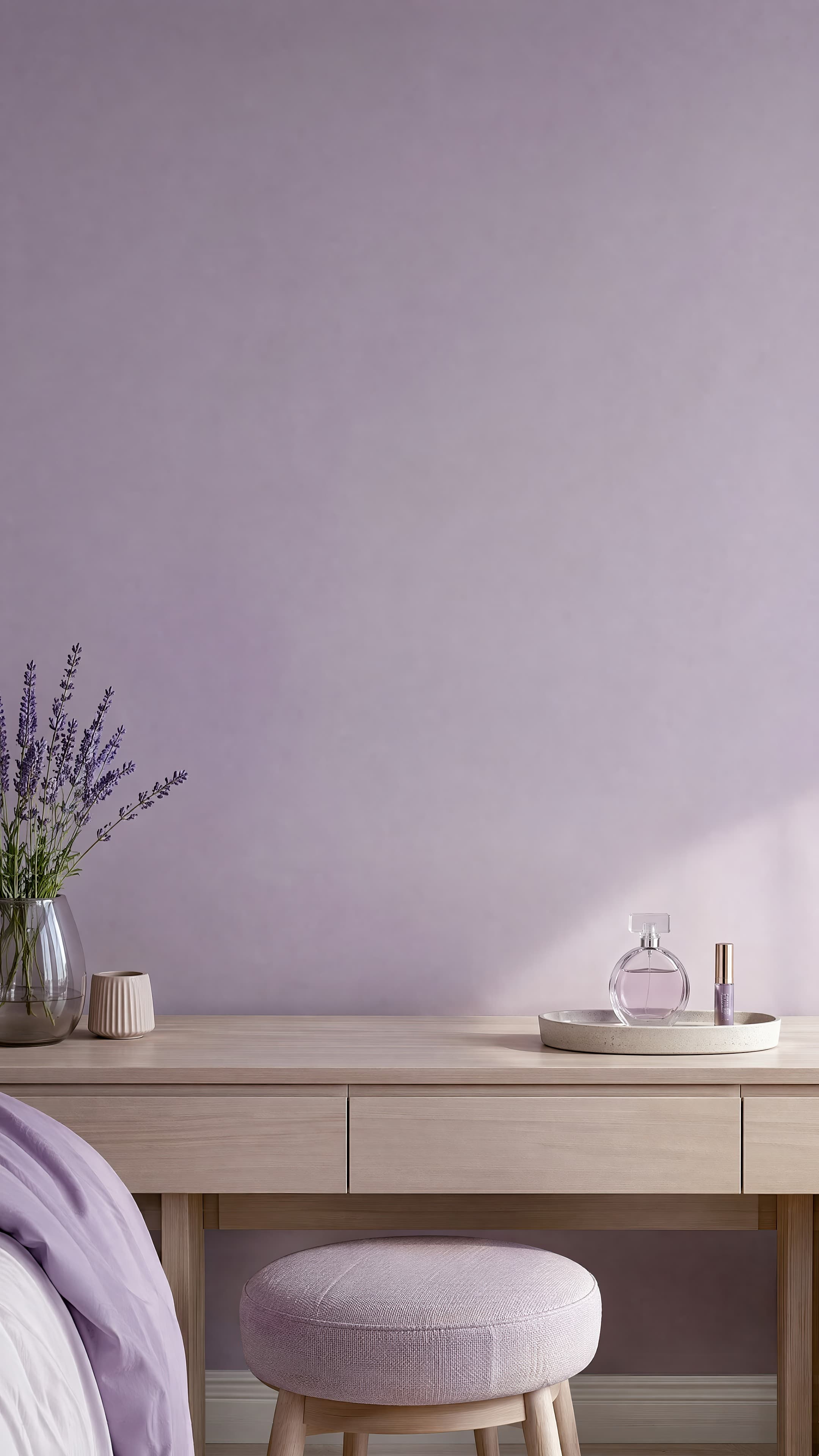 Soft lavender bedroom vanity wall with an empty plaster area above a pale wood dressing table, ranked 9 among bedroom mockups