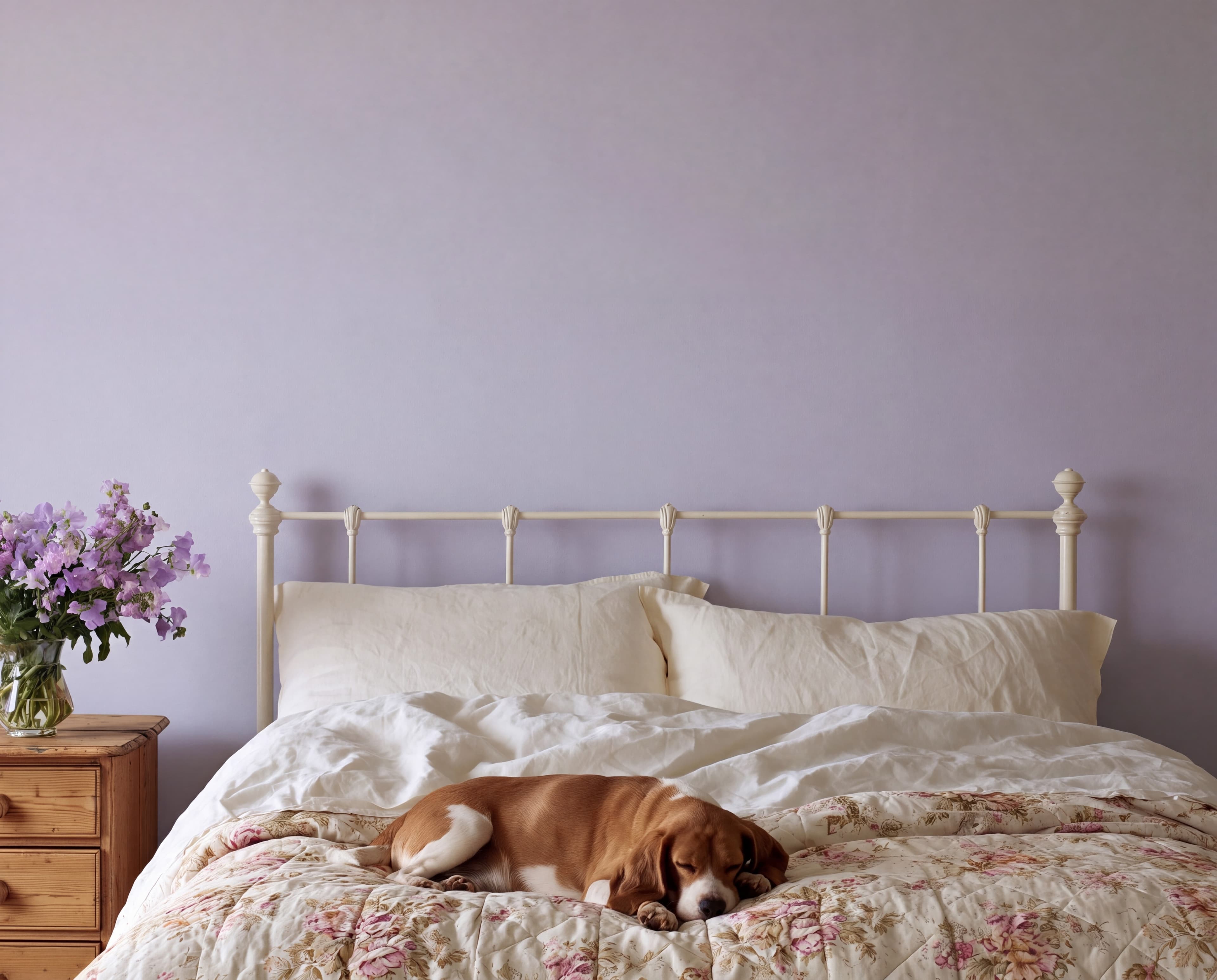 English cottage bedroom with a lavender gray wall, white iron bed, floral quilt, sweet peas, and a sleeping beagle, ranked 20 among set of 3 poster mockups