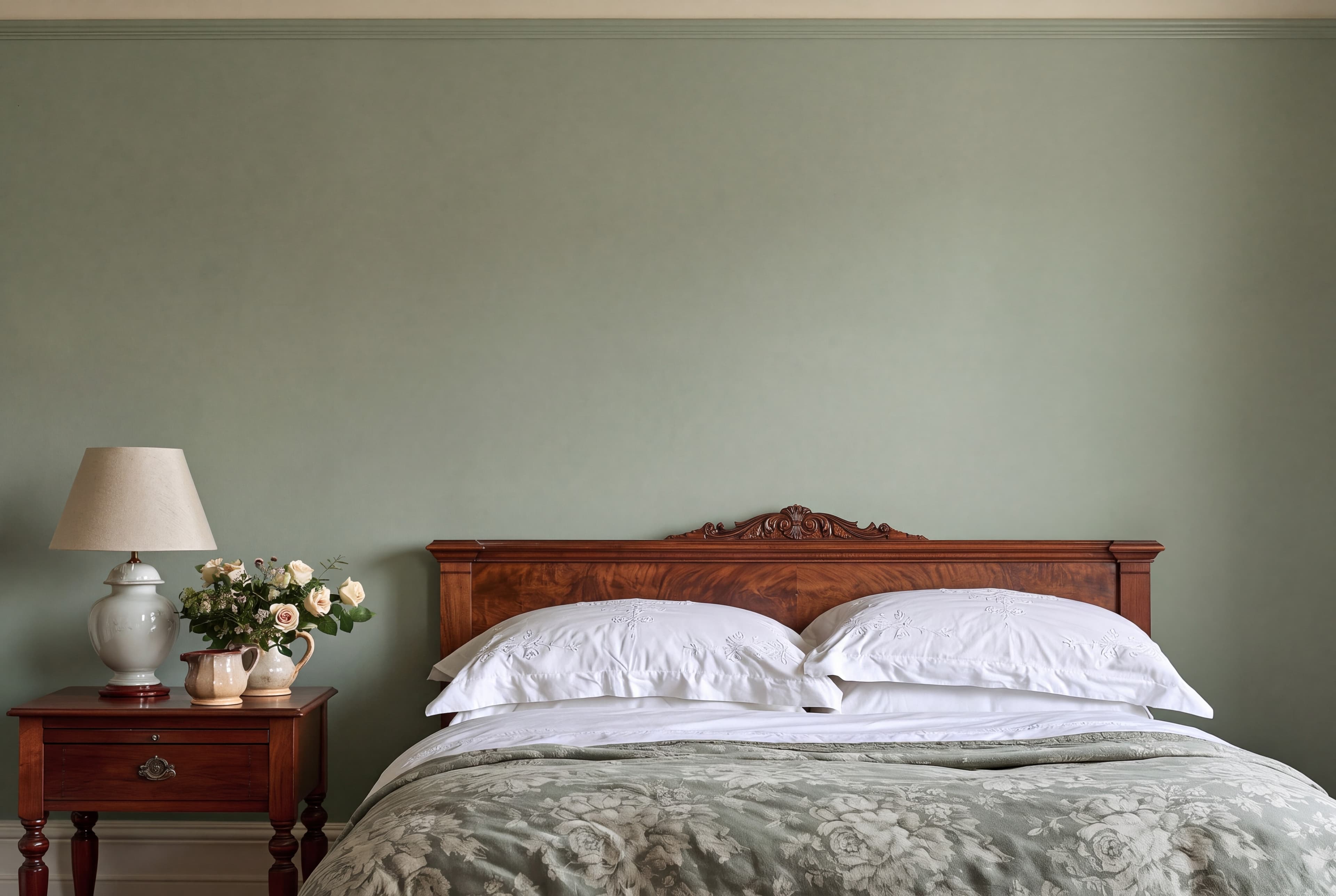 Edwardian bedroom with a soft sage wall, carved mahogany headboard, chintz eiderdown, and porcelain lamp with roses, ranked 19 among set of 3 poster mockups