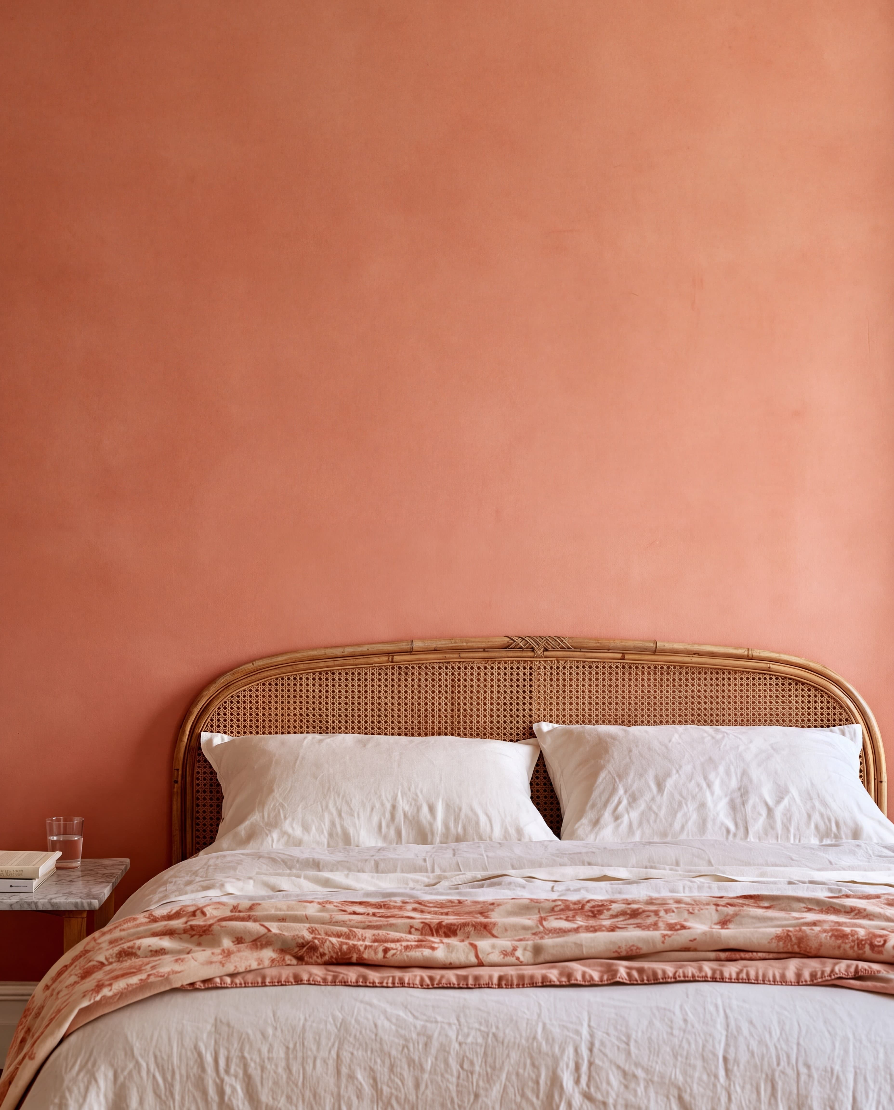 Parisian bedroom with an apricot coral plaster wall, cane headboard, white linen bedding, and toile throw, ranked 17 among set of 3 poster mockups