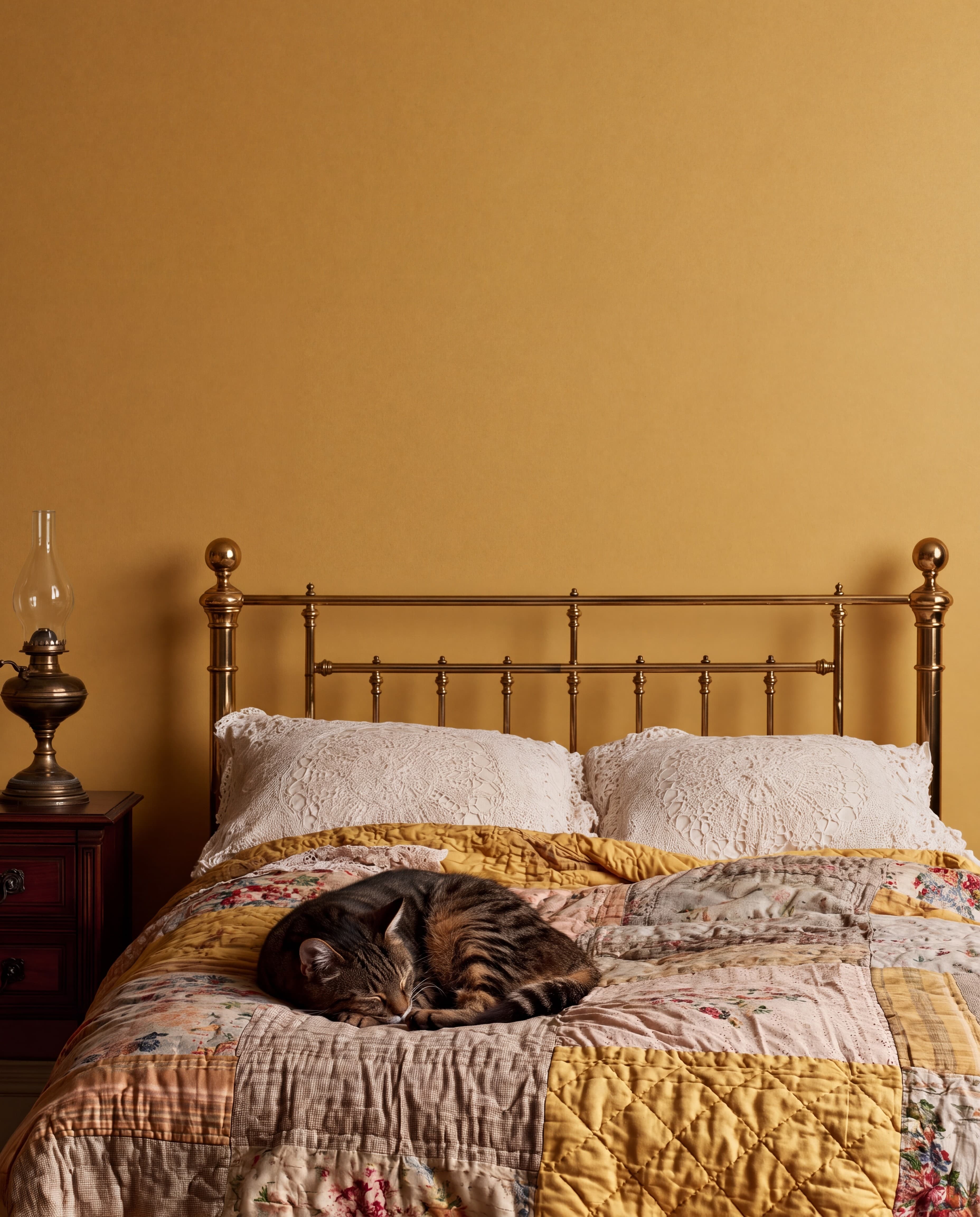 Victorian bedroom with an ochre mustard wall, antique brass bed, patchwork quilt, oil lamp, and a sleeping tabby cat, ranked 18 among set of 3 poster mockups