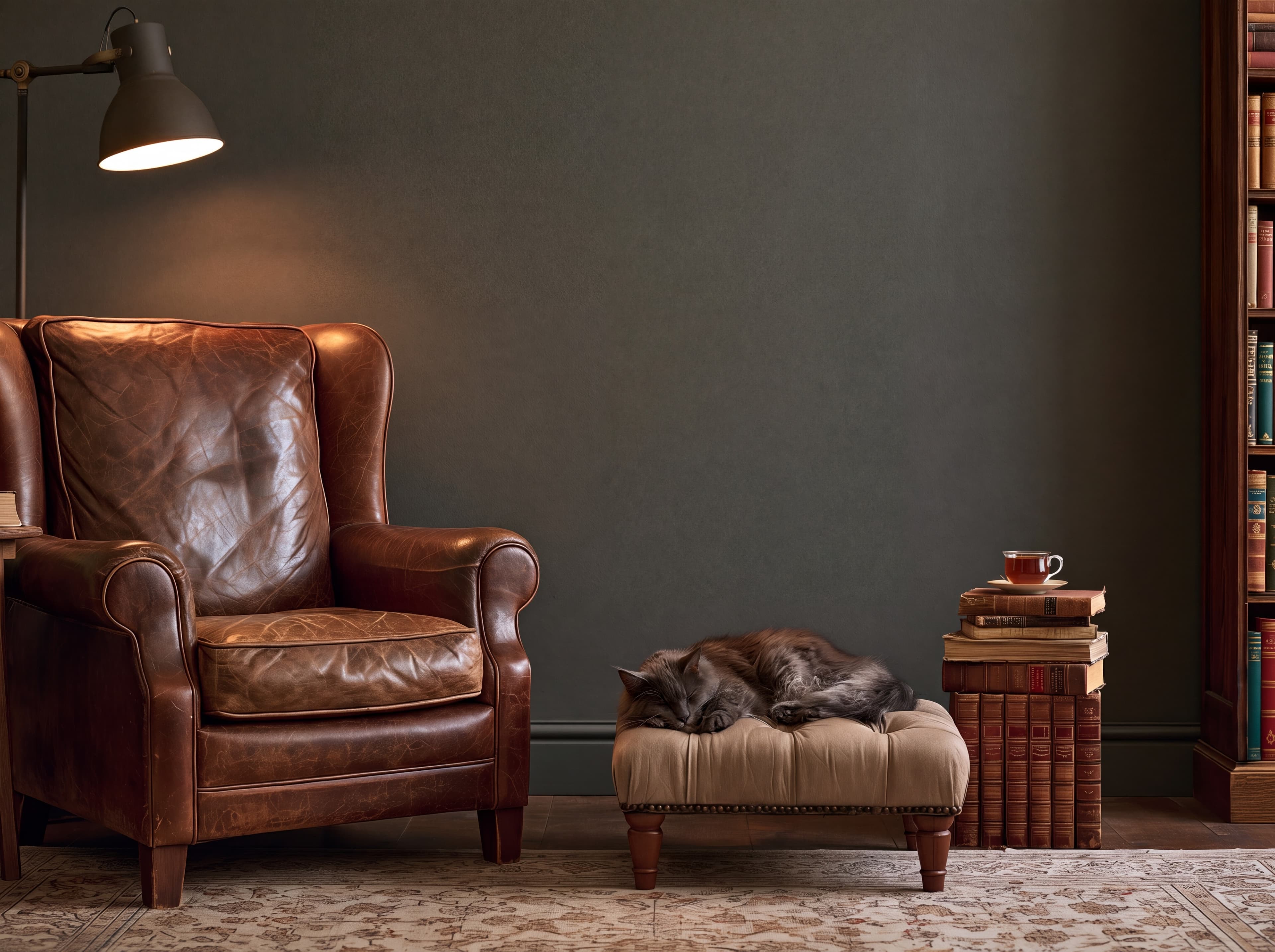 Old-fashioned library corner with a dark charcoal wall, leather wingback armchair, reading lamp, and a cat asleep on a tufted footstool, ranked 15 among set of 3 poster mockups