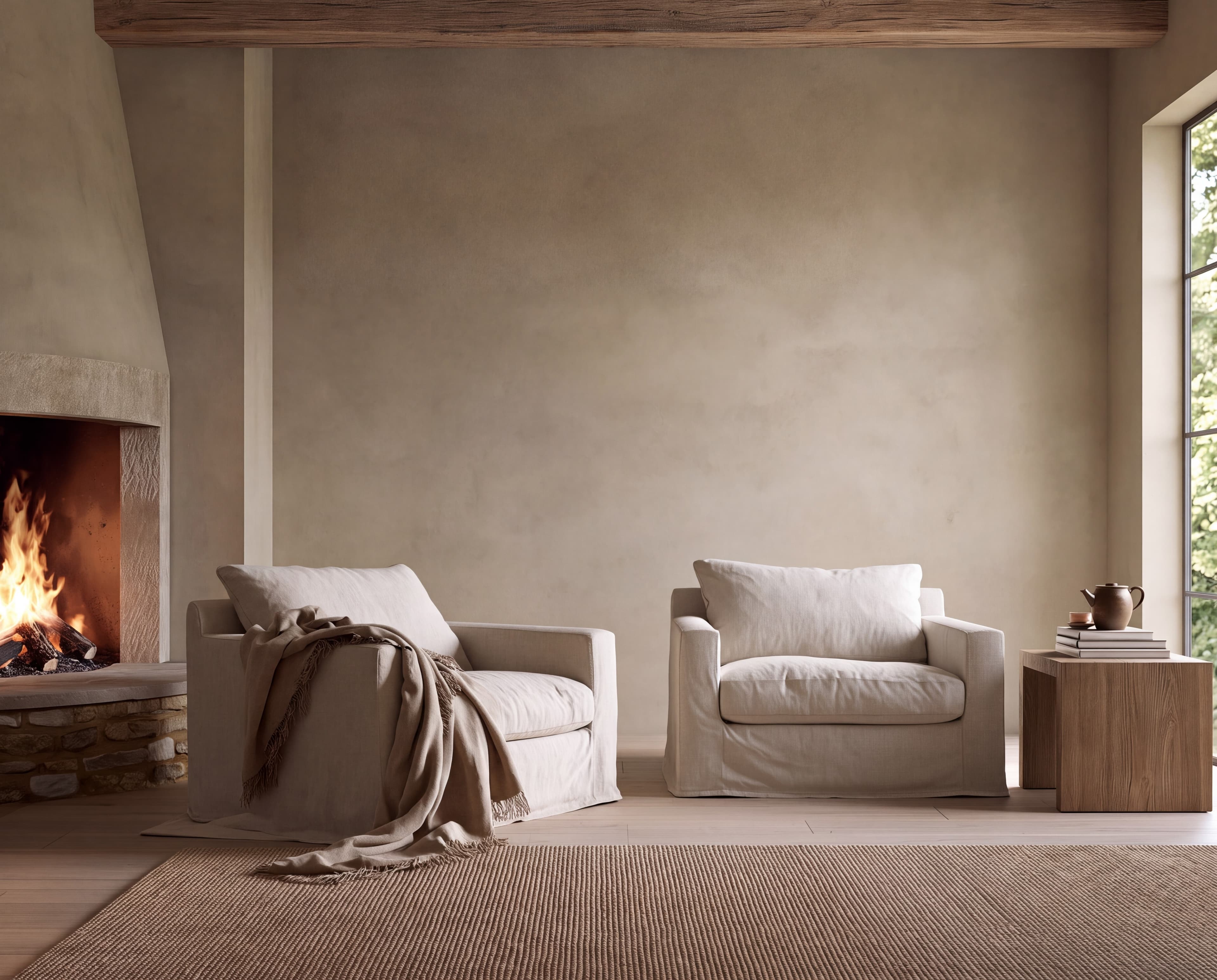 Cottage parlour with a warm greige limewash wall, two linen armchairs by a roaring stone fireplace, and an oak beam, ranked 13 among set of 3 poster mockups