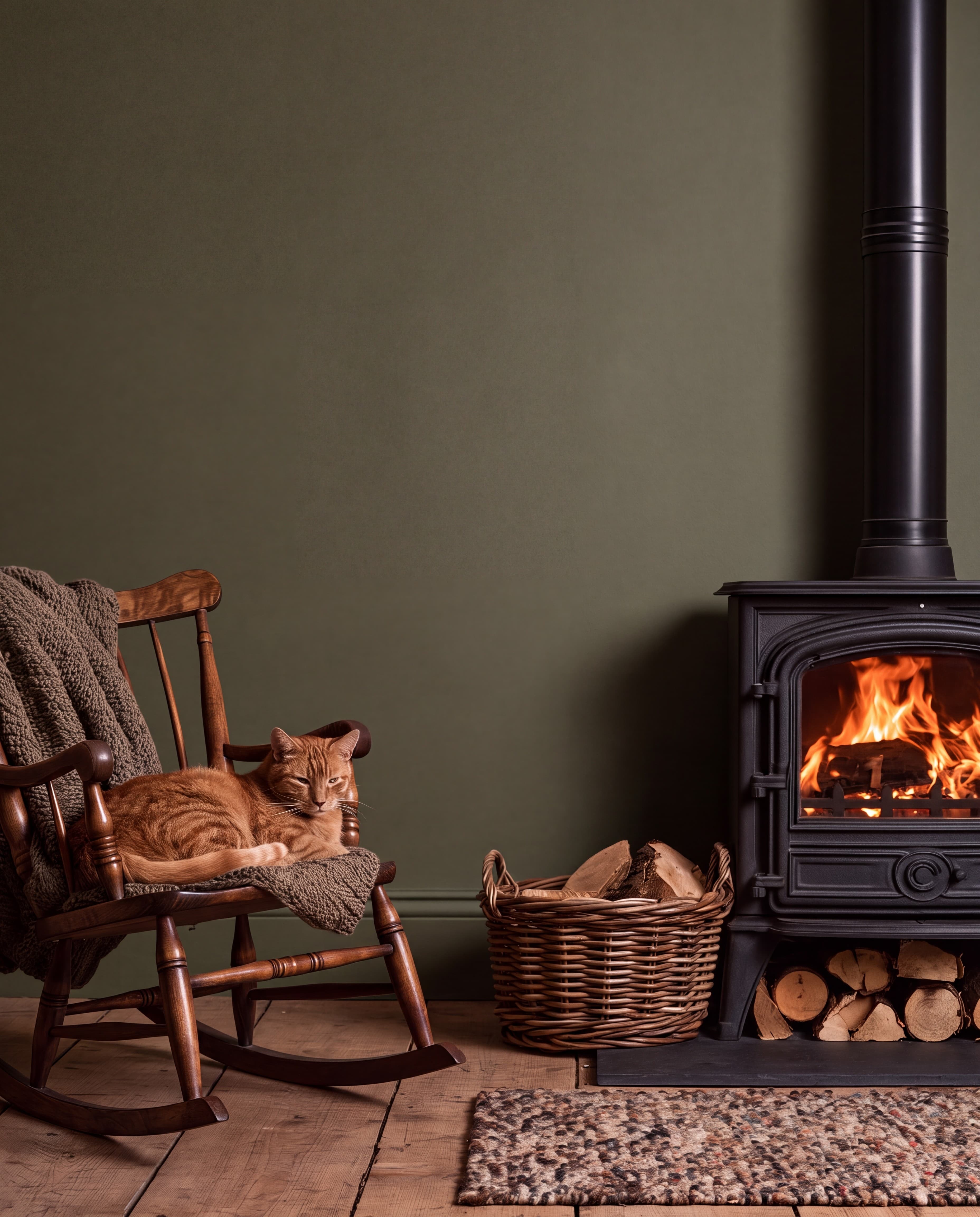 Farmhouse snug with a muted olive wall, wooden rocking chair with a sleeping ginger cat, log basket, and lit woodstove, ranked 14 among set of 3 poster mockups