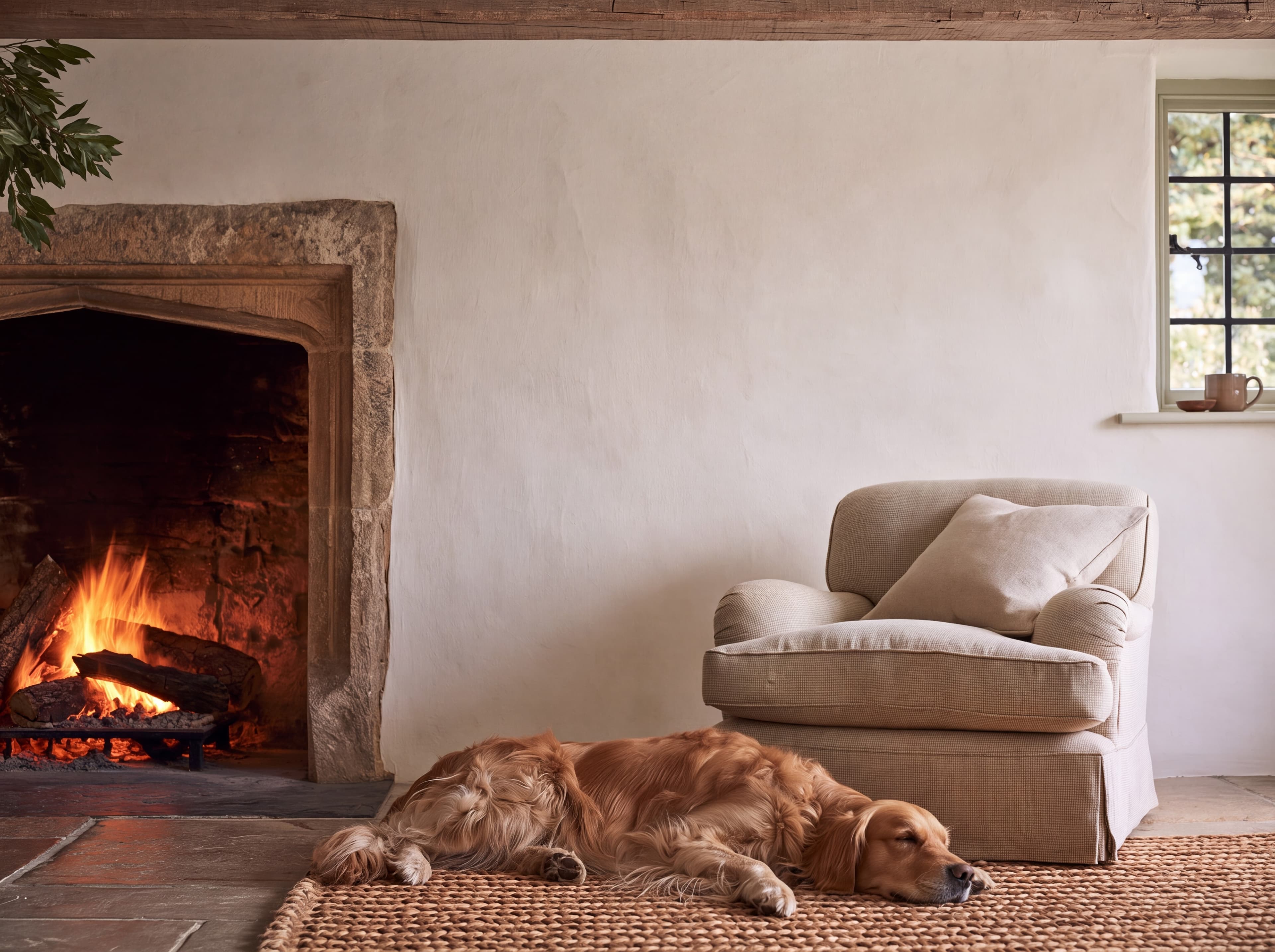 English cottage sitting room with a white limewash wall, roaring inglenook fire, linen armchair, and a golden retriever on a jute rug, ranked 12 among set of 3 poster mockups