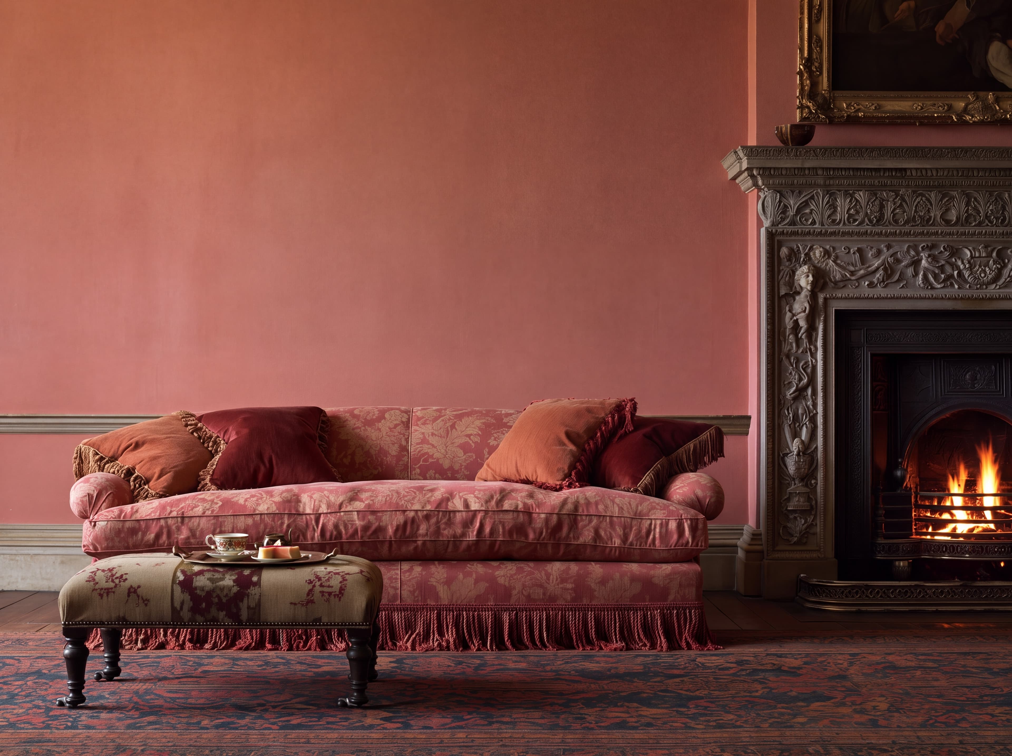 English country house drawing room with a faded terracotta wall, fringed chintz sofa, needlepoint footstool, and lit carved fireplace, ranked 11 among set of 3 poster mockups
