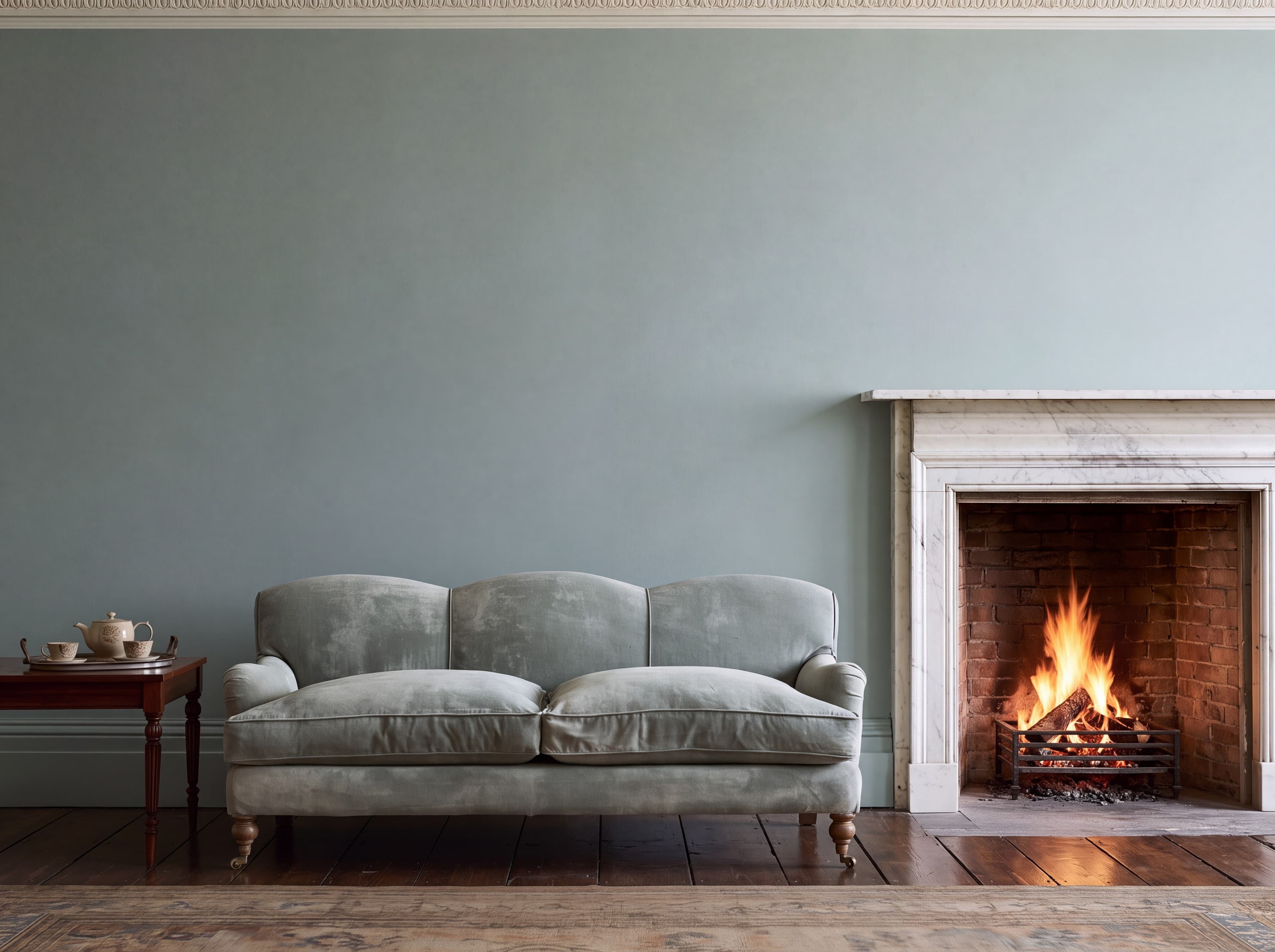 Georgian drawing room with a duck egg blue wall, faded velvet sofa, tea tray, and lit white marble fireplace, ranked 10 among set of 3 poster mockups