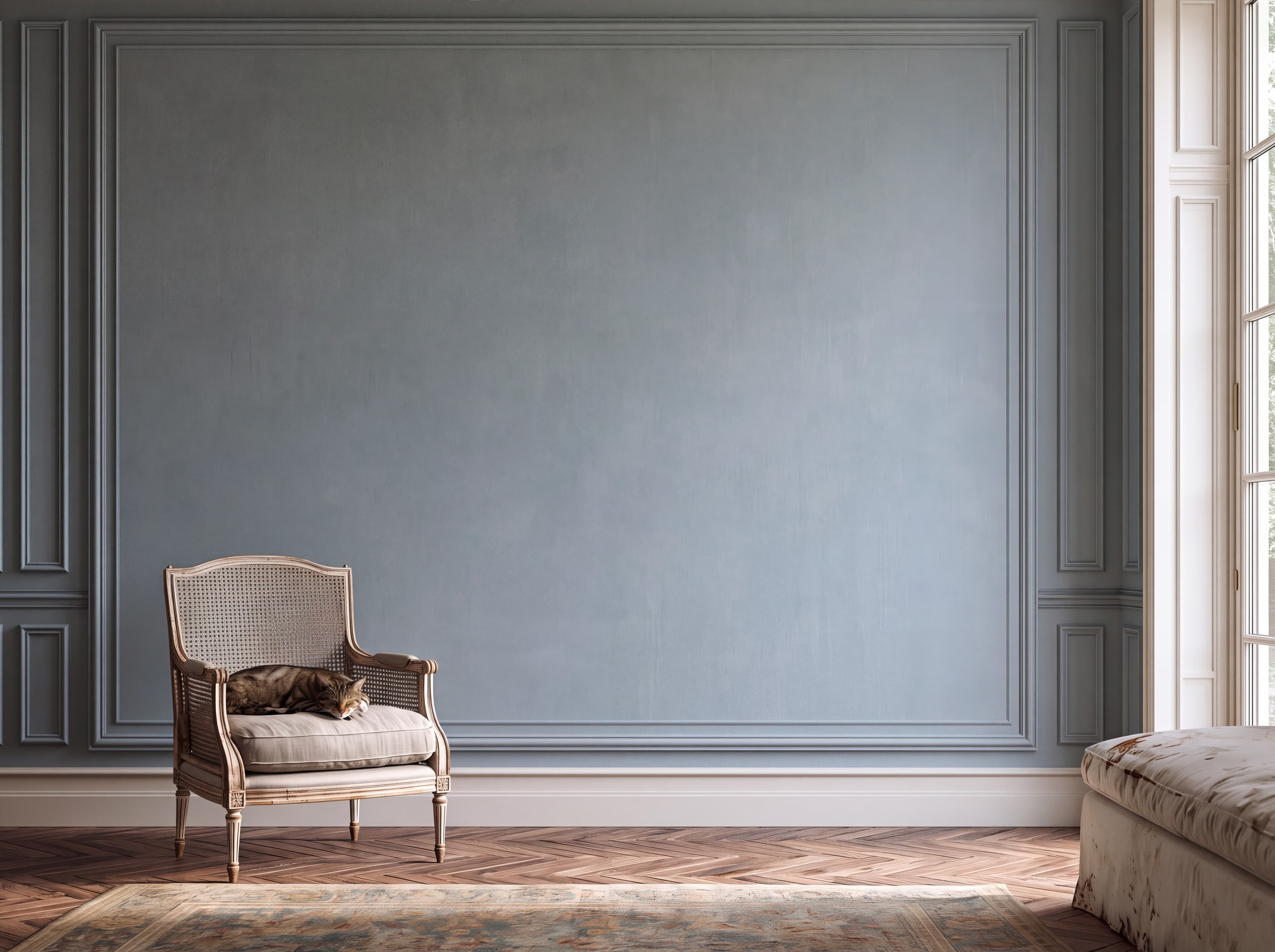 Parisian salon with a gray-blue paneled wall, cane bergere armchair with a sleeping tabby cat, and herringbone parquet, ranked 5 among set of 3 poster mockups