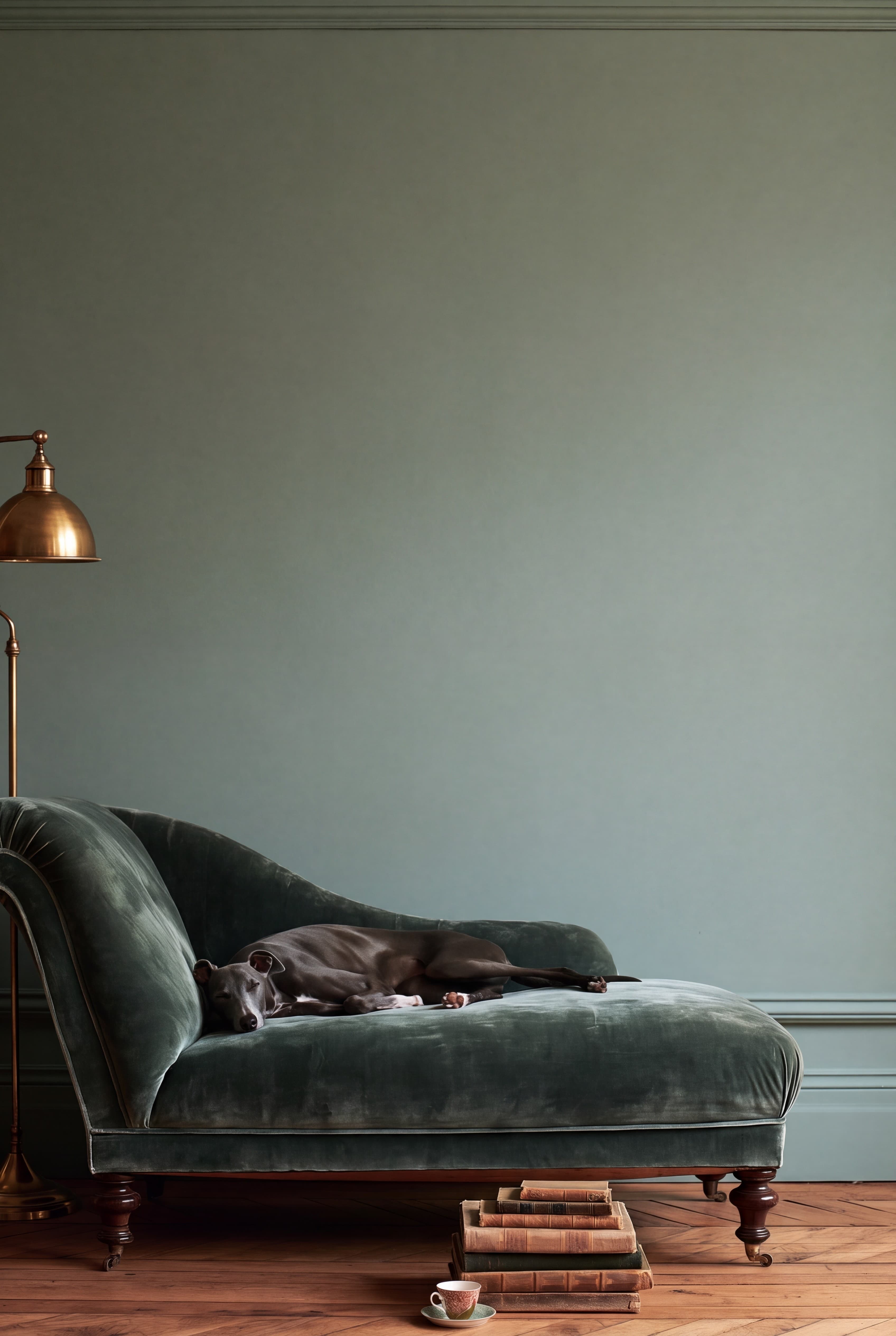 Parisian reading nook with a muted sage wall, green velvet chaise longue with a sleeping whippet, brass floor lamp, and old books, ranked 6 among set of 3 poster mockups