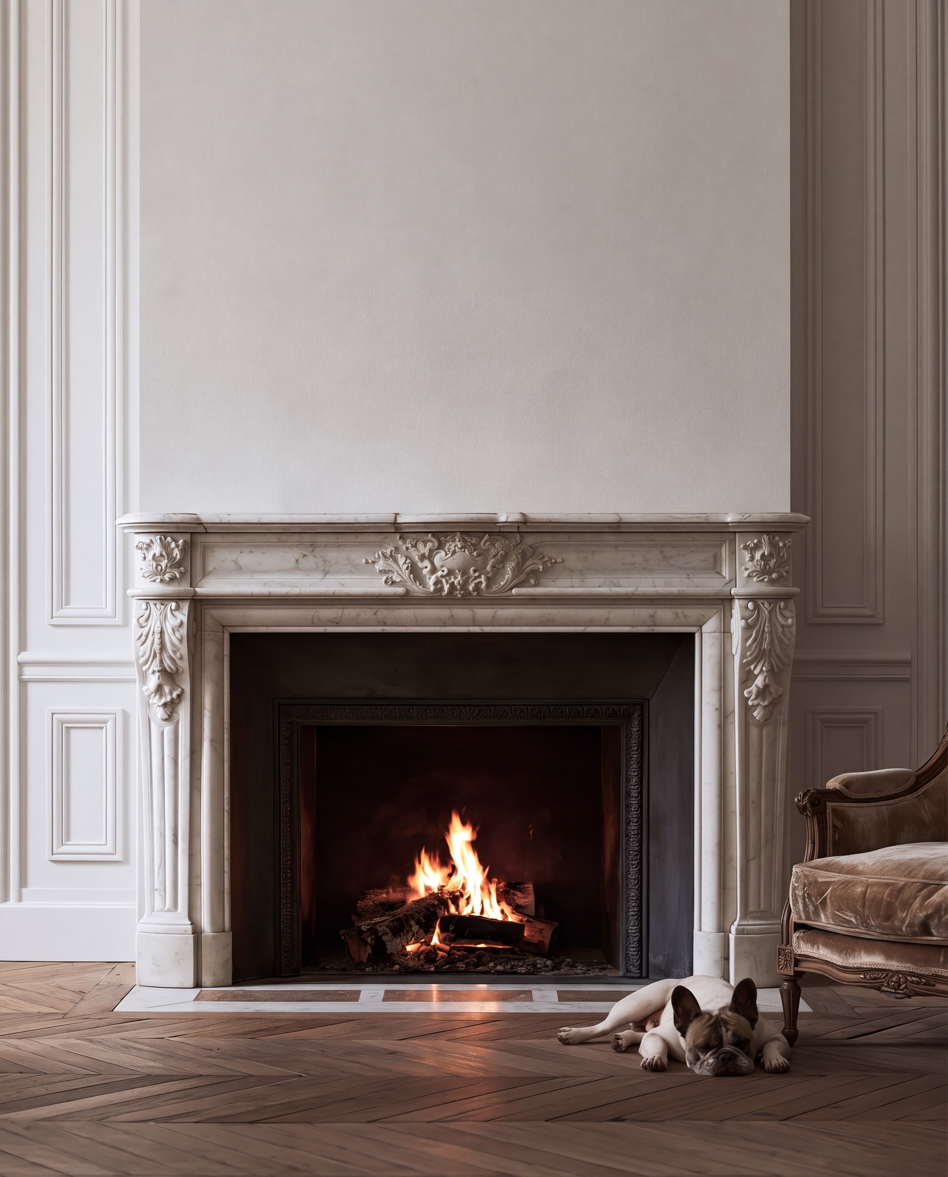 Haussmann Paris salon with a white plaster wall above a carved marble fireplace, lit fire, and a French bulldog asleep by the hearth, ranked 4 among set of 3 poster mockups