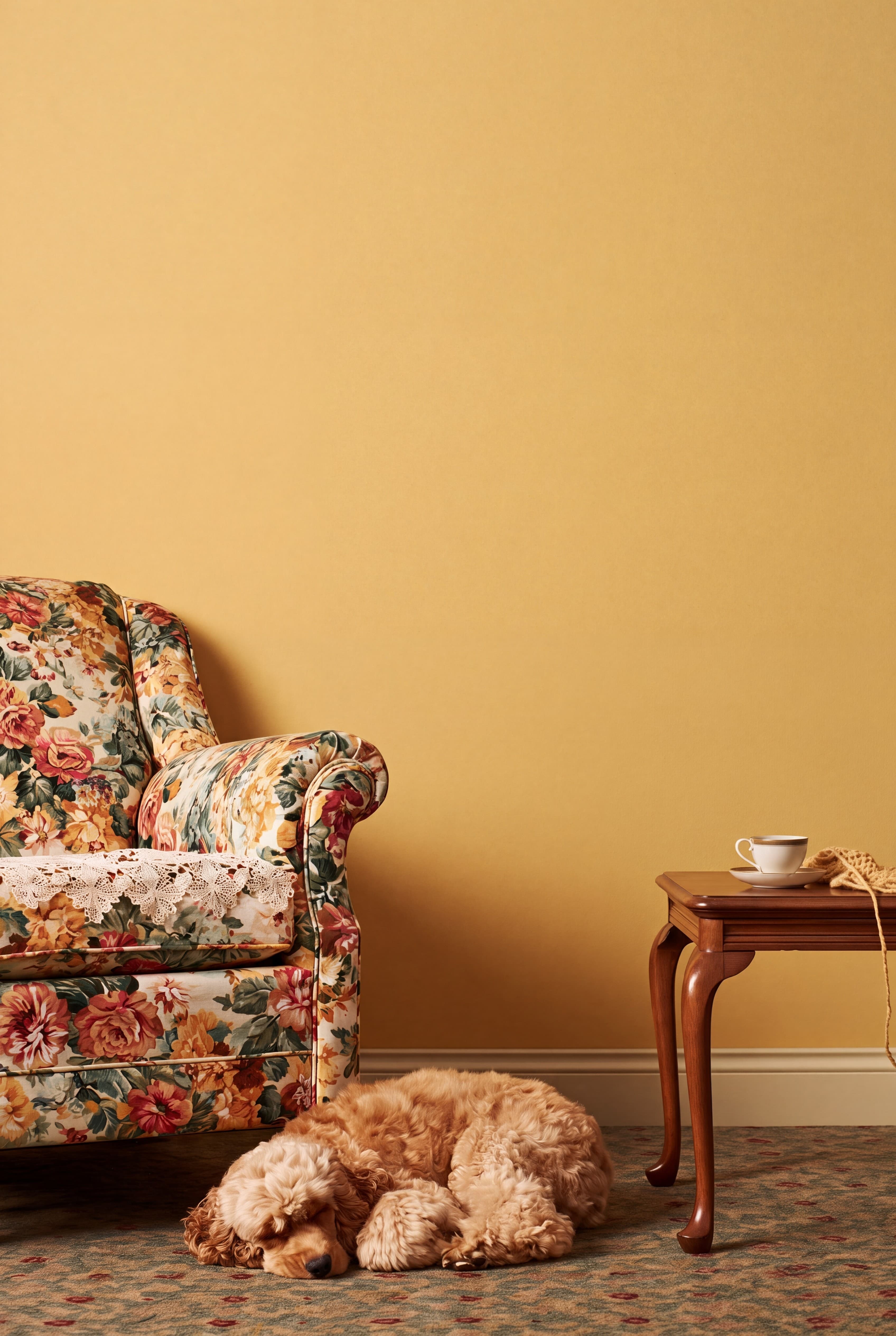 Old-fashioned 1950s living room with a warm amber wall, floral chintz armchair, teacup on a side table, and a sleeping apricot poodle, ranked 16 among set of 3 poster mockups