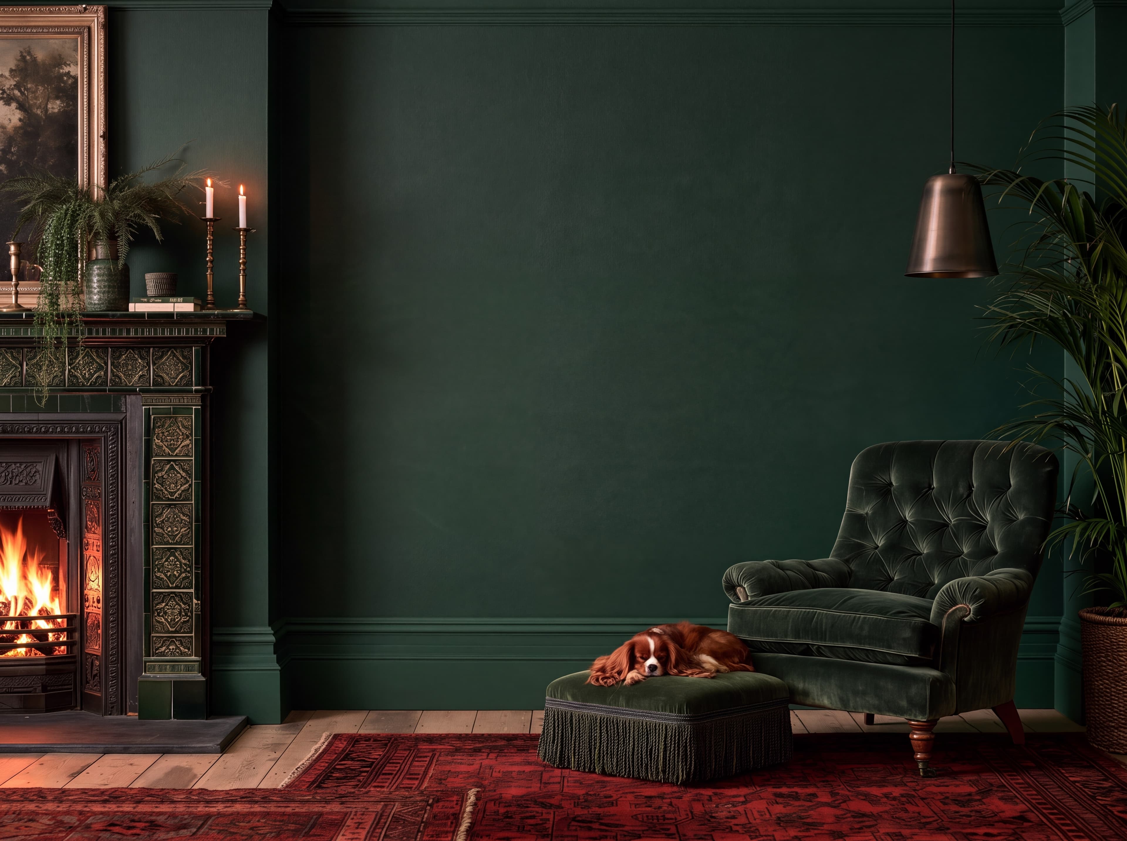 Victorian parlour with a bottle green wall, lit cast-iron fireplace, button-back velvet armchair, and a King Charles spaniel on a footstool, ranked 7 among set of 3 poster mockups