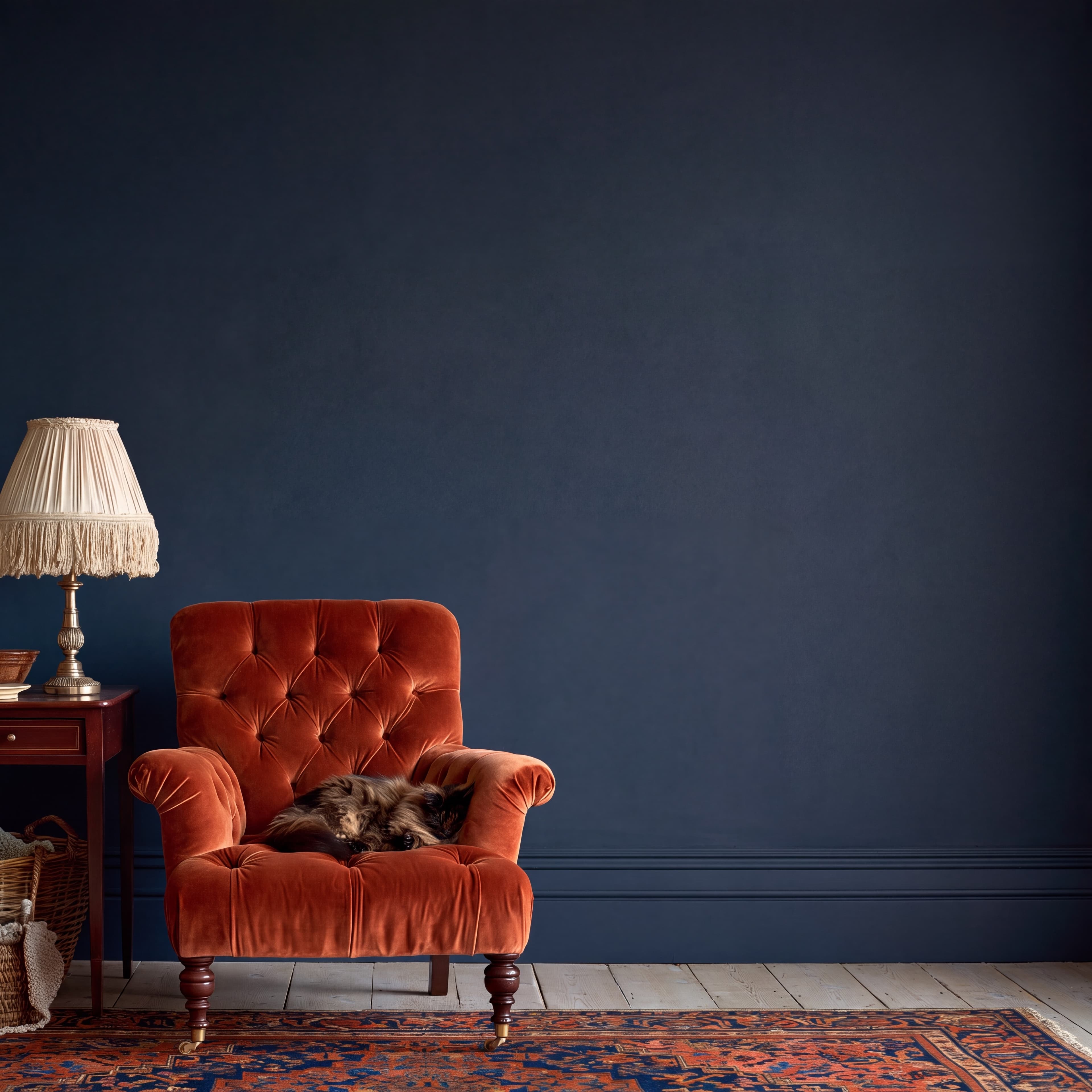 Victorian sitting room with a deep navy wall, rust velvet button-back armchair with a sleeping cat, and fringed table lamp, ranked 8 among set of 3 poster mockups