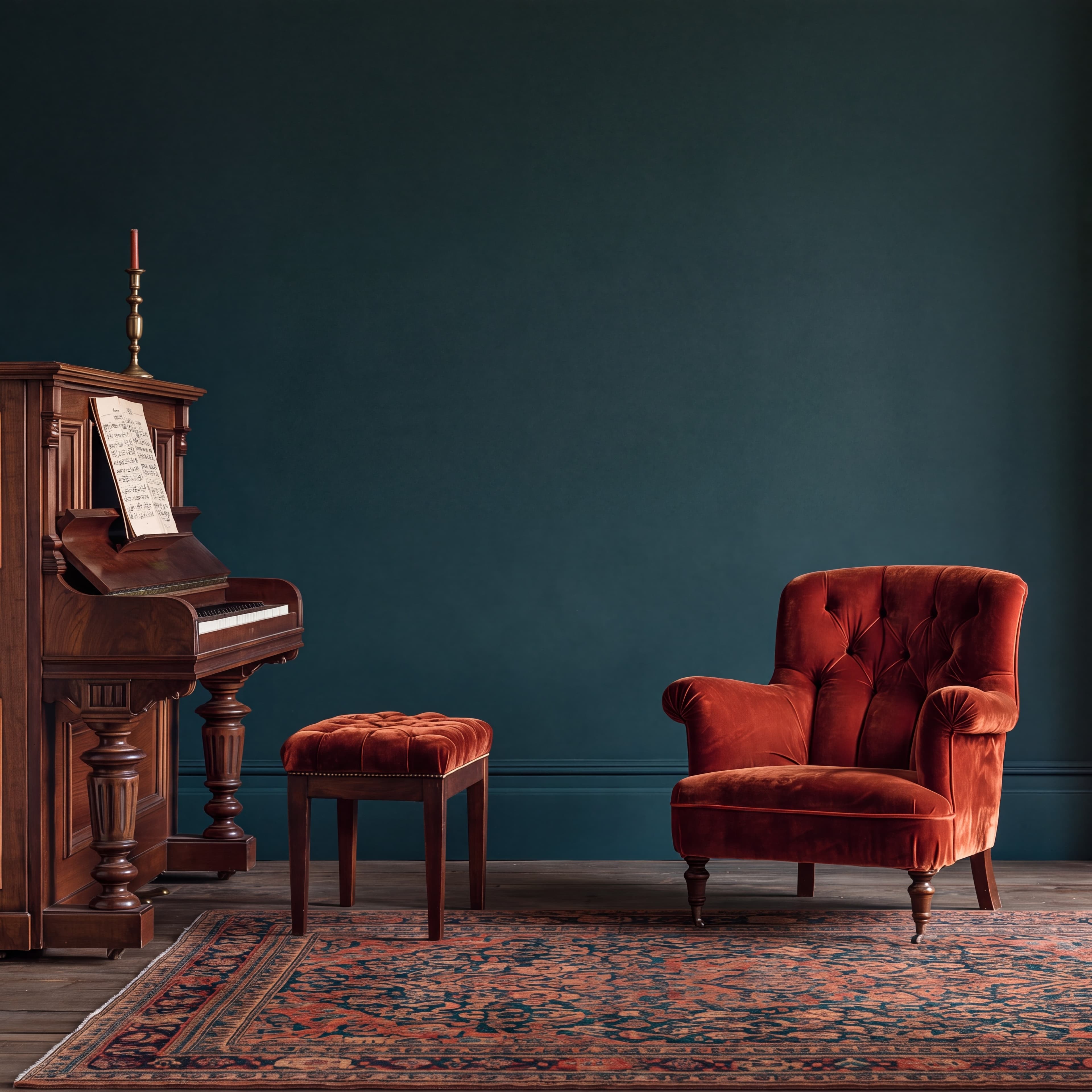 Victorian music room with a deep teal wall, walnut upright piano, tufted piano stool, and rust velvet armchair, ranked 9 among set of 3 poster mockups