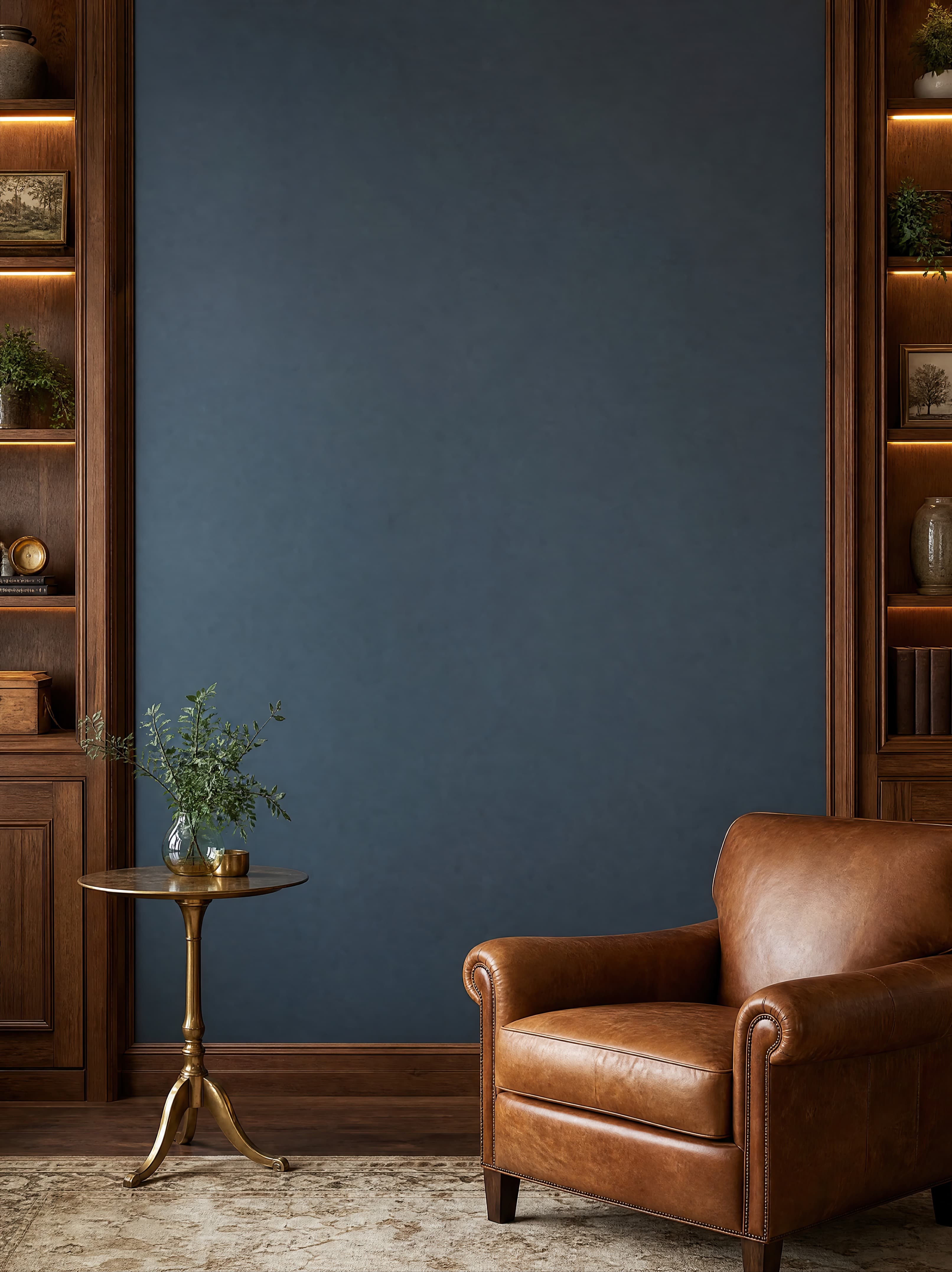 Classic luxury library with an empty navy wall, illuminated walnut shelving, and a brown leather armchair, ranked 5 among office mockups