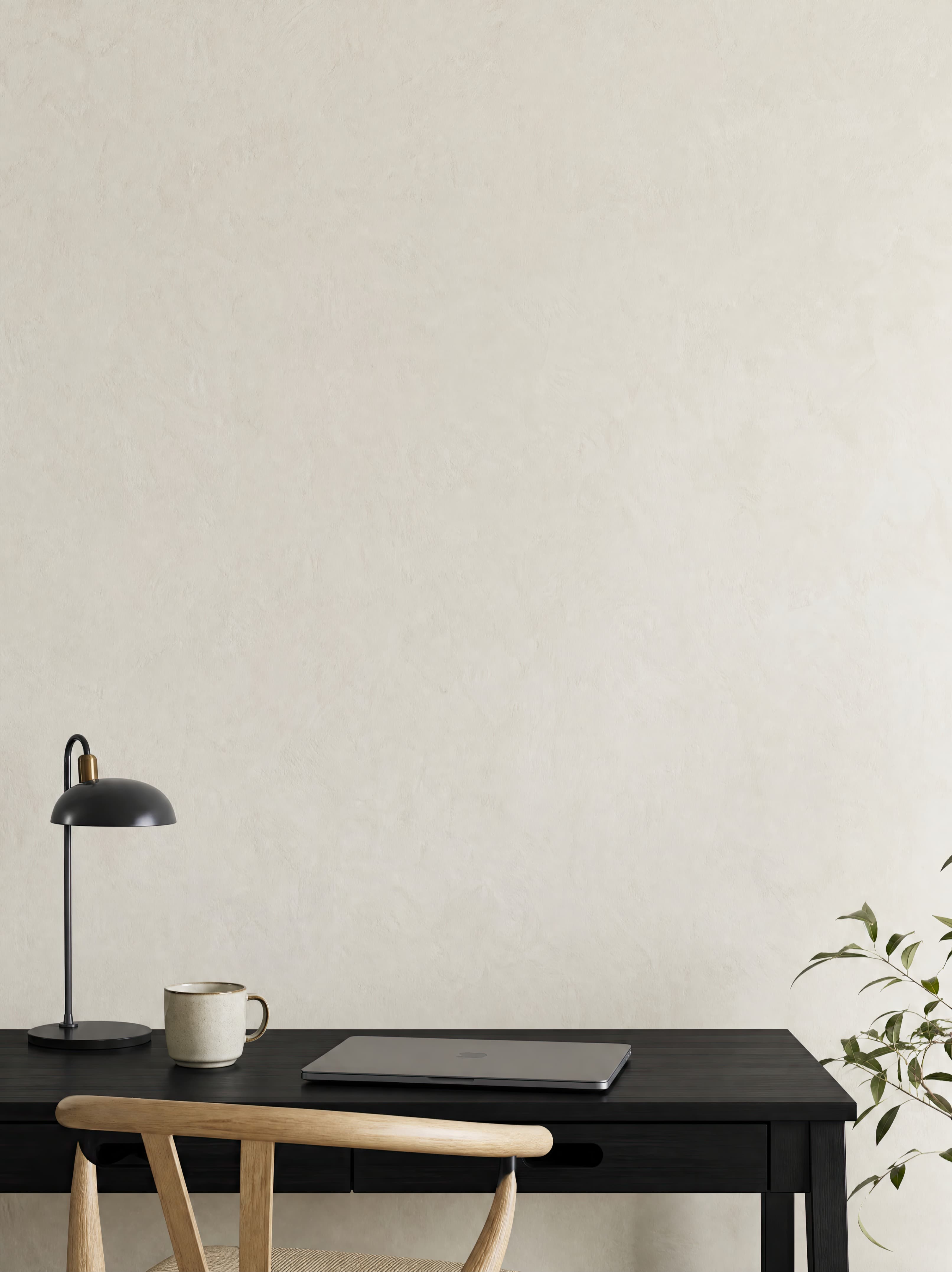 Minimal Scandinavian home office with an empty ivory plaster wall above a streamlined black desk, ranked 7 among office mockups