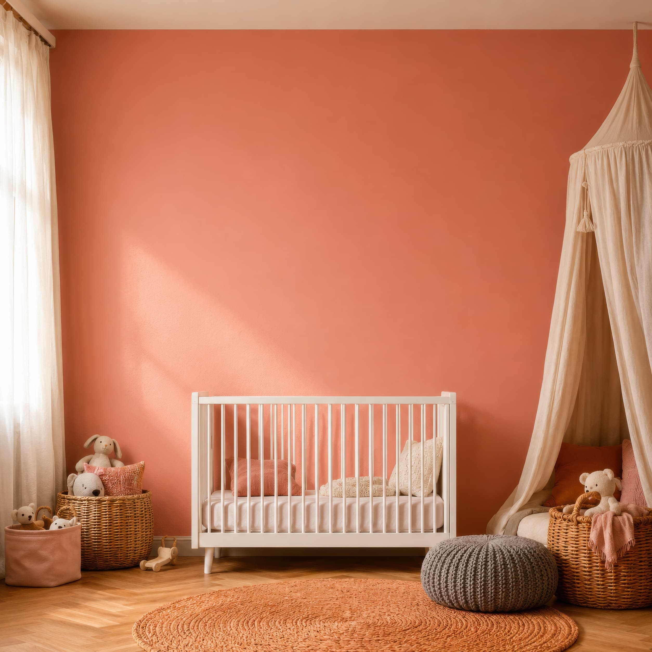 Warm coral nursery mockup with centered white crib, soft canopy, wicker baskets, plush toys, and a clean empty wall above., ranked 11 among nursery mockups