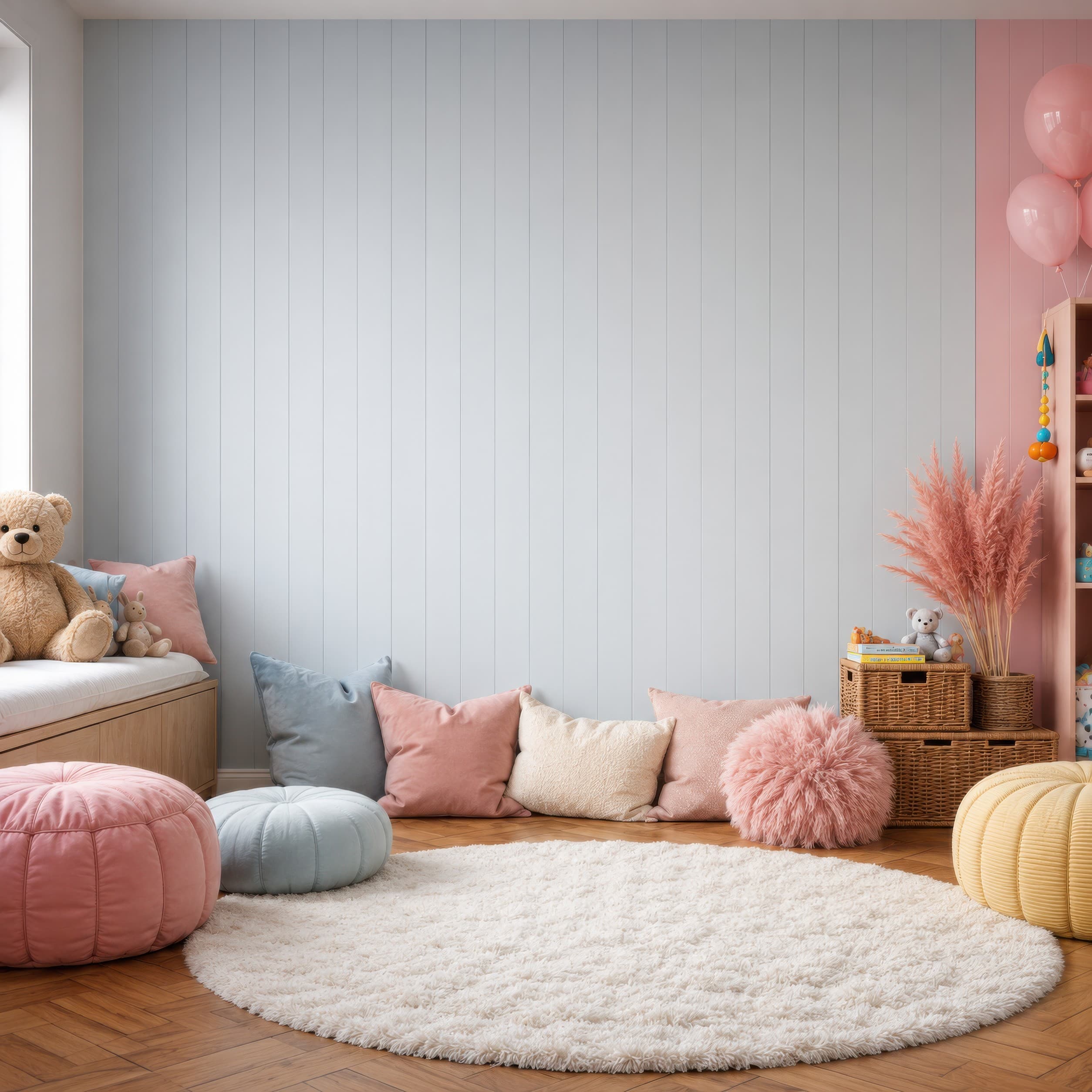 Cheerful pastel kids playroom with an empty blue-gray paneled wall, soft floor pillows, poufs, wicker baskets, and pink accents, ranked 2 among nursery mockups