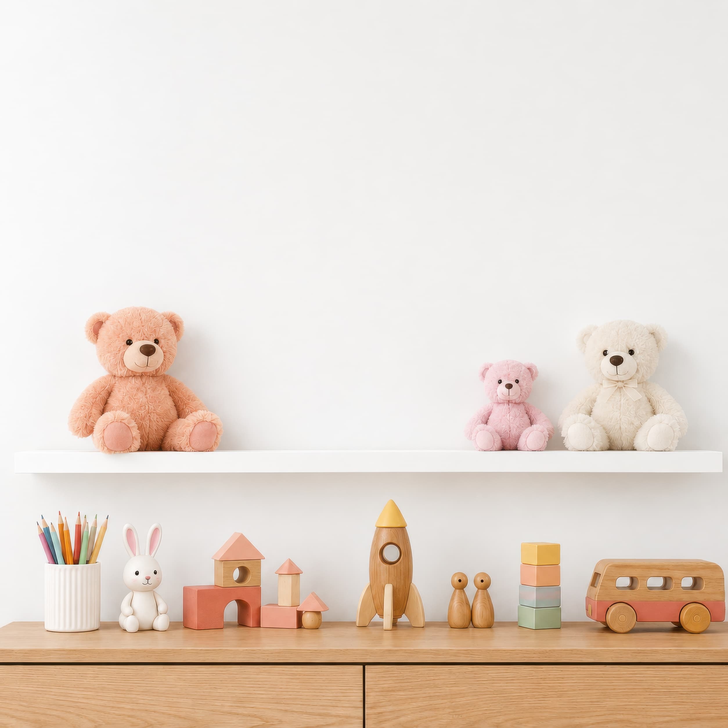 Bright minimalist nursery wall with plush teddy bears, pastel wooden toys, and a clean white floating shelf., ranked 3 among nursery mockups