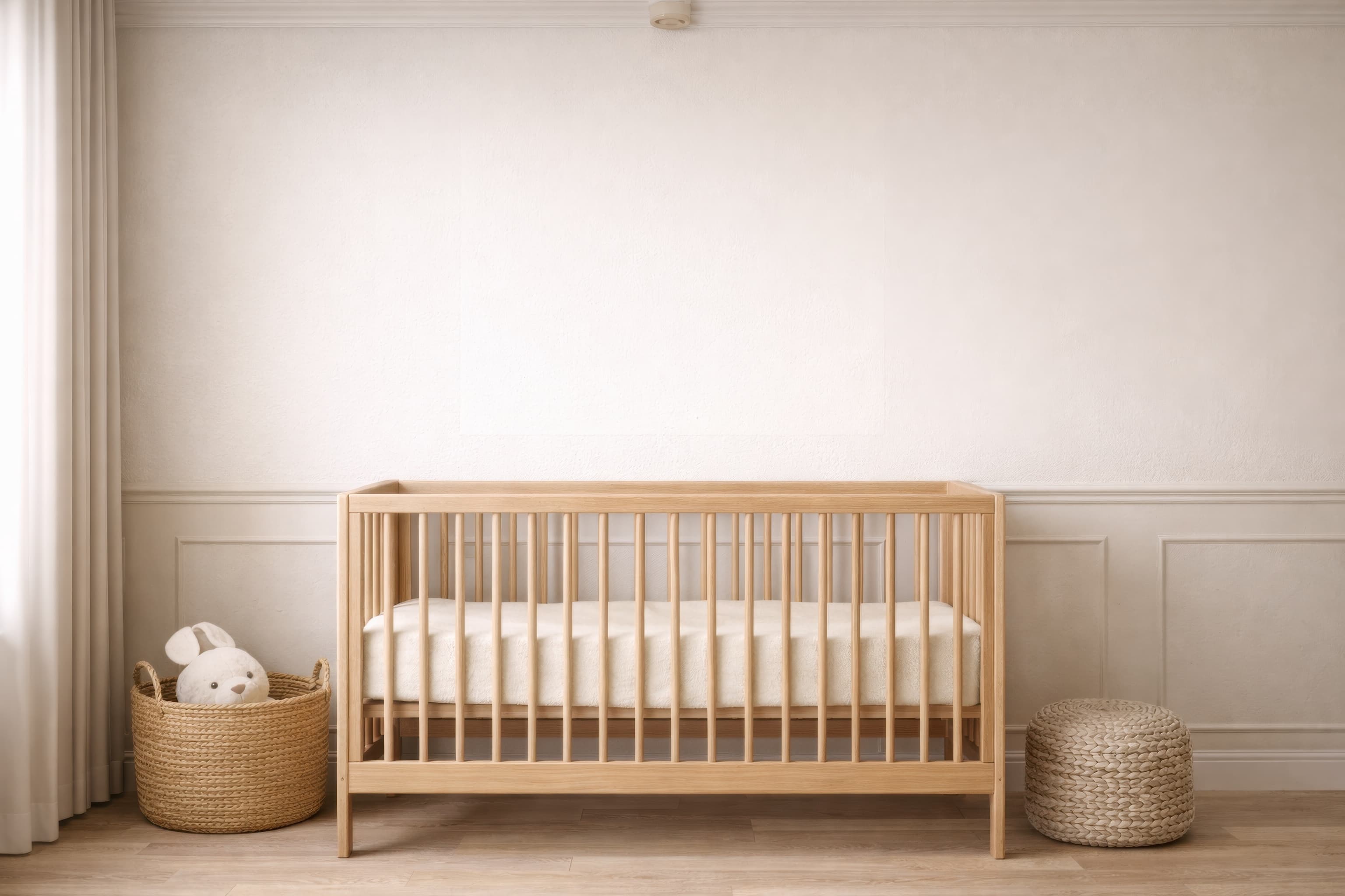 Neutral nursery with wooden crib, ranked 9 among nursery mockups