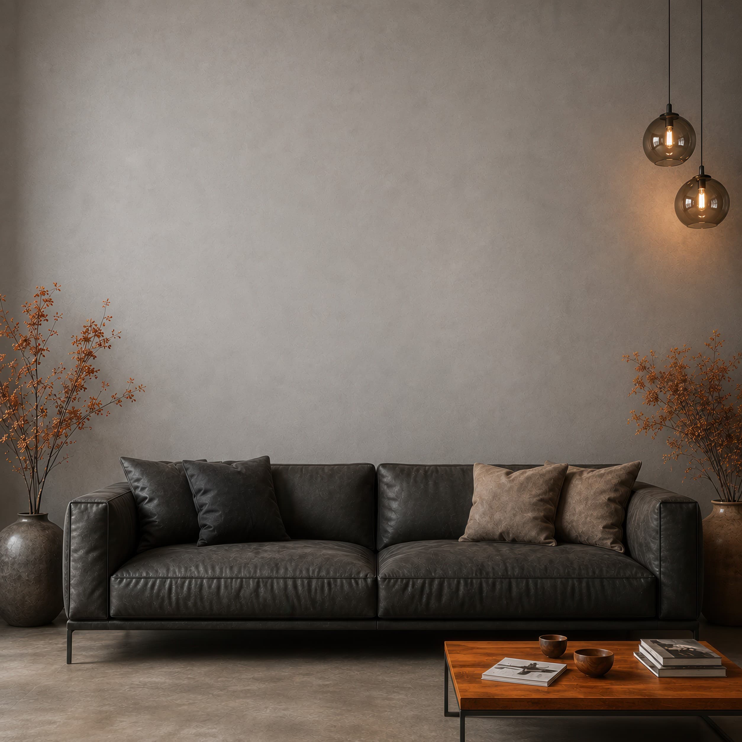 Modern industrial living room with a clean empty gray concrete wall above a dark charcoal sofa, ranked 6 among man cave mockups
