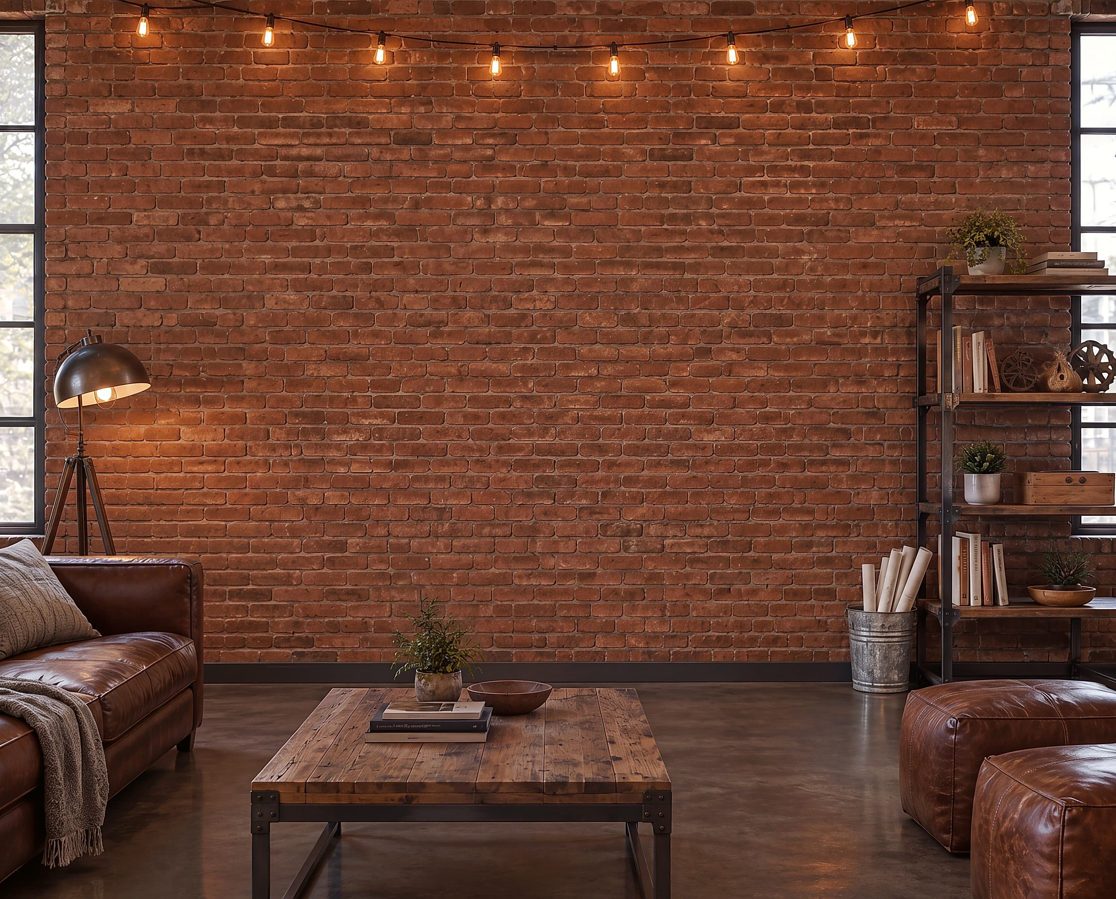 Industrial Living room with leather sofa and rustic coffee table, ranked 16 among man cave mockups