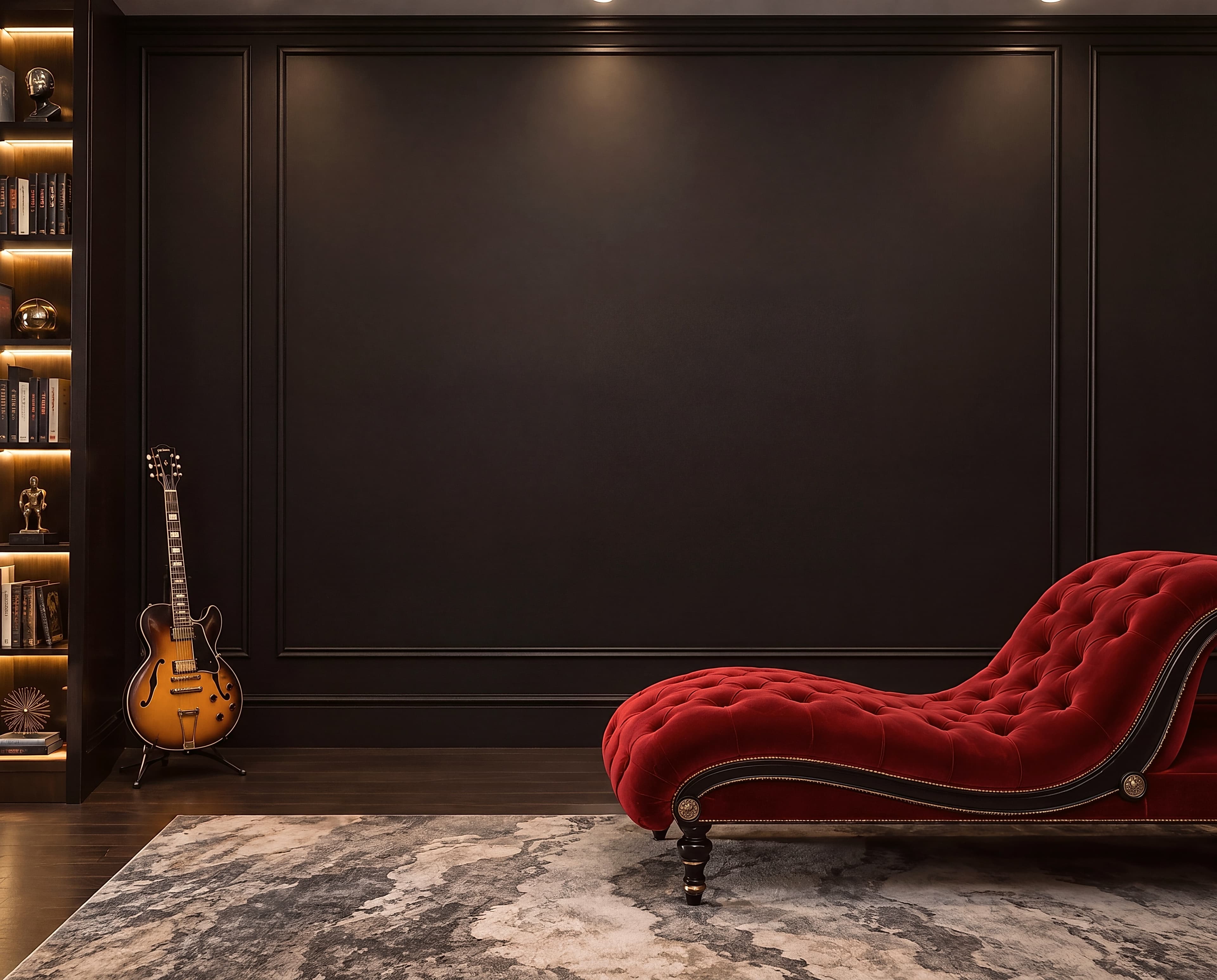 Luxury Living room with red tufted chaise lounge, ranked 17 among man cave mockups