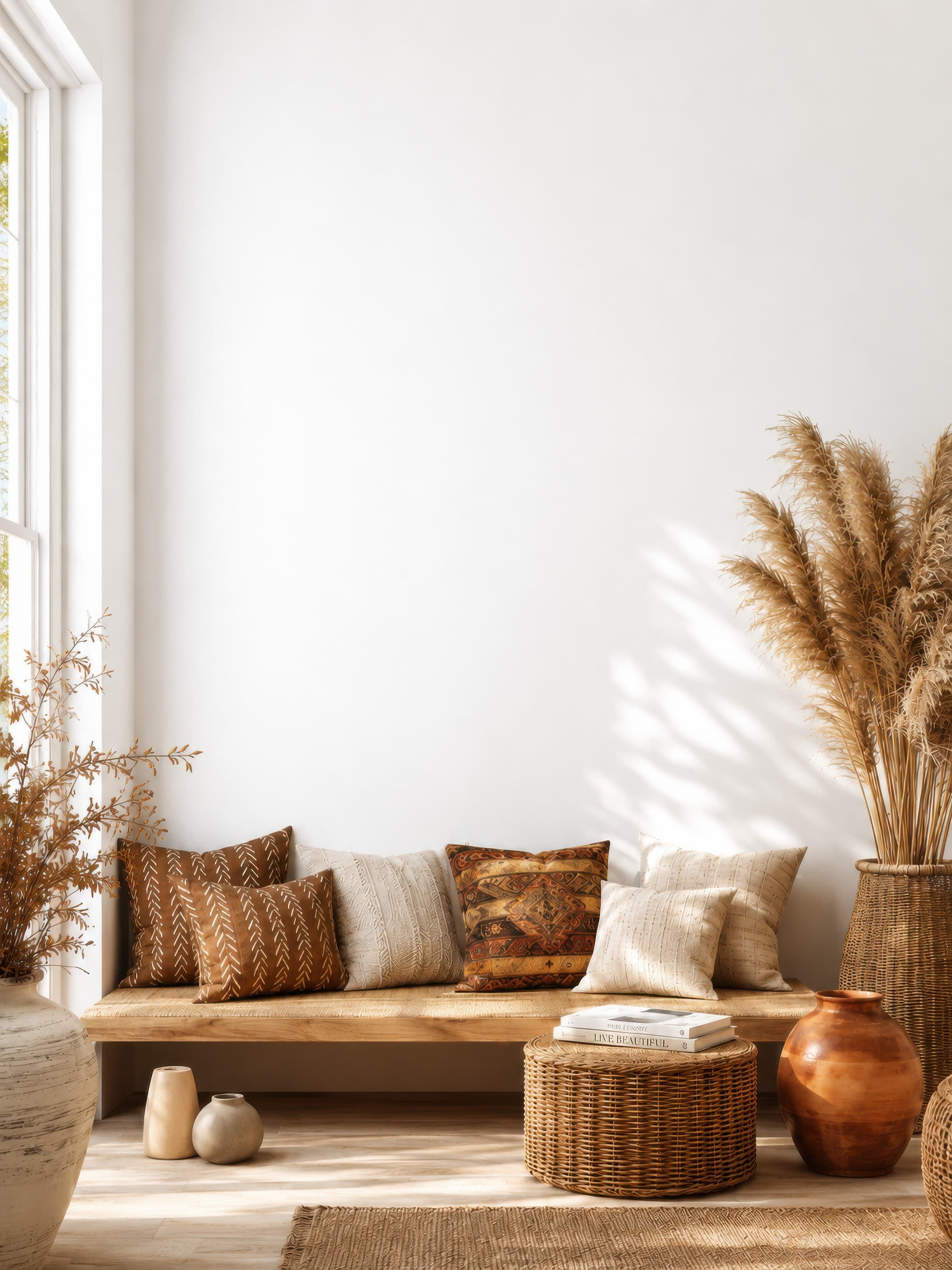 Bright bohemian living room nook with a clean white wall above a wooden bench, woven textures, and pampas grass, selected for living-room mockups